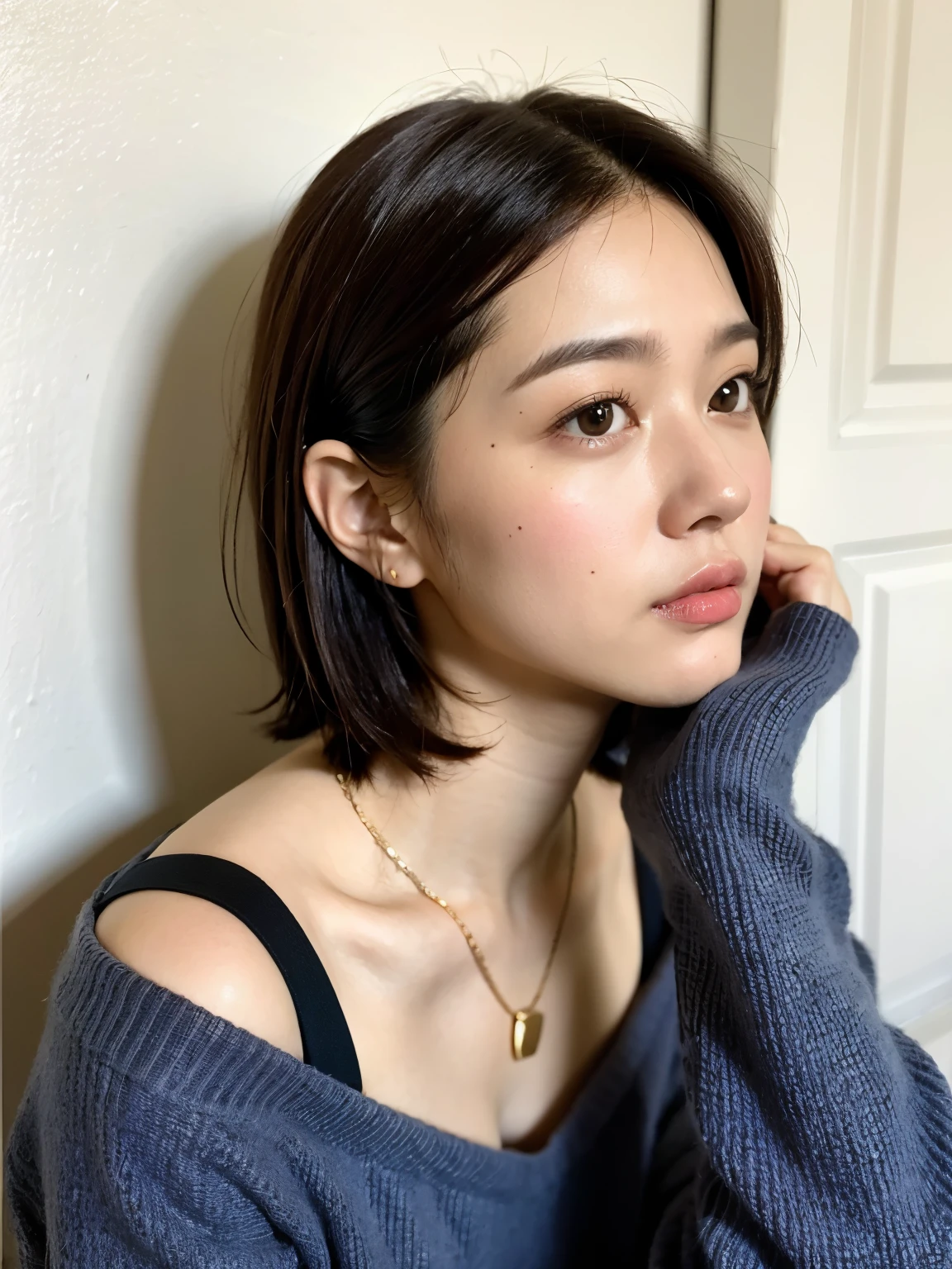white wall、Taken in front of the white door、(窓のあるwhite wallの部屋)、shot in natural light、Highly detailed facial and skin textures、very delicate lips、The correct state of the human body、ultra high resolution、(Realism:1.4)、highest quality, 1 beautiful woman, 28 years old, s, 35mm lens、light blue knit、(Dark brown medium short hair cat)、A black-haired one、Japanese woman with bob、(Dark brown hair)、various postures、Don't look at the camera、contour、natural color lips、autumn clothes、winter clothes、 necklace