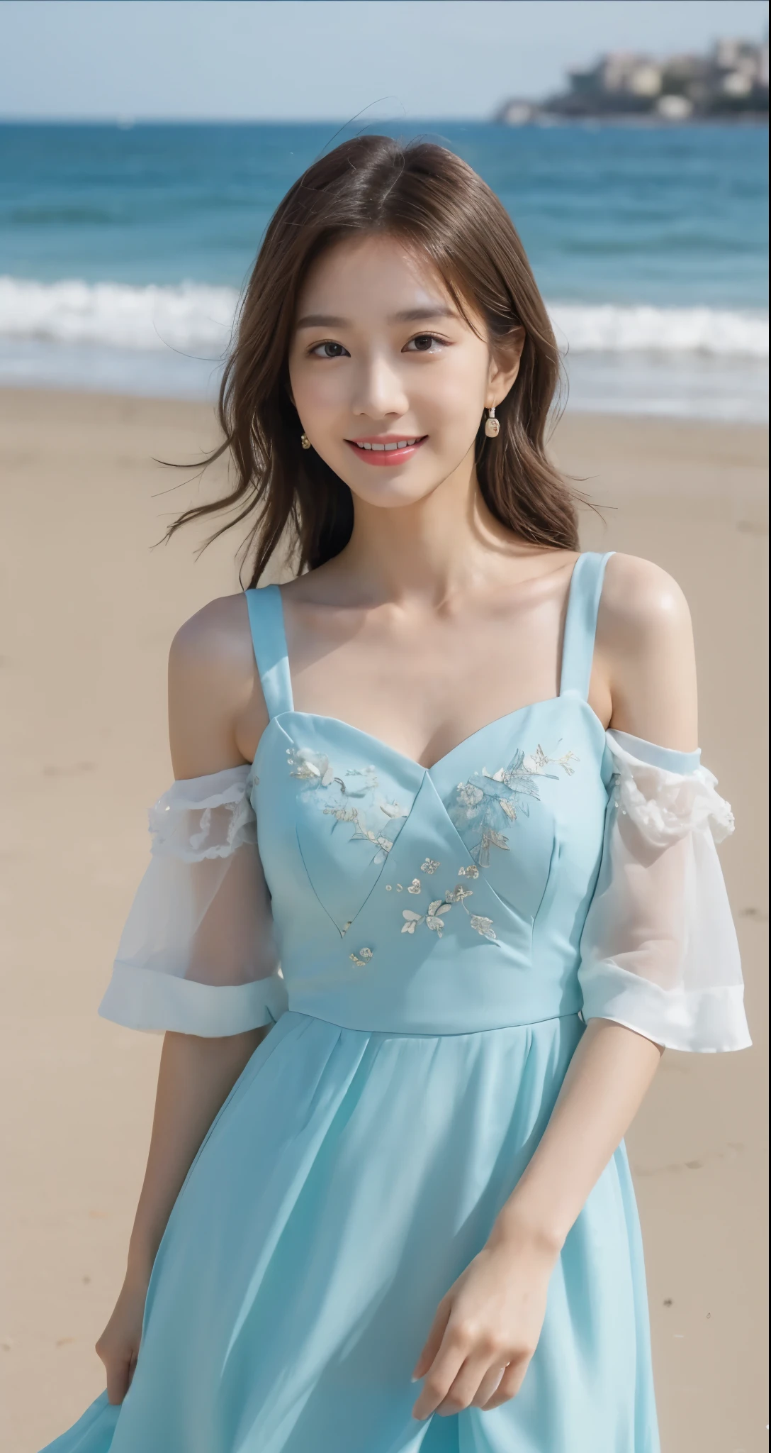 ((Masterpiece, Top image quality, high resolution、alone、skin shiny))(on the table, best quality, actual, super detailed, meticulous, high resolution, 8k wallpaper), Close-up portrait of a beautiful woman, like, smiling, light brown messy hair, Perfect dynamic composition, 美丽meticulous的眼睛, Just like the cover of a fashion magazine, on campus,wearing gold glasses