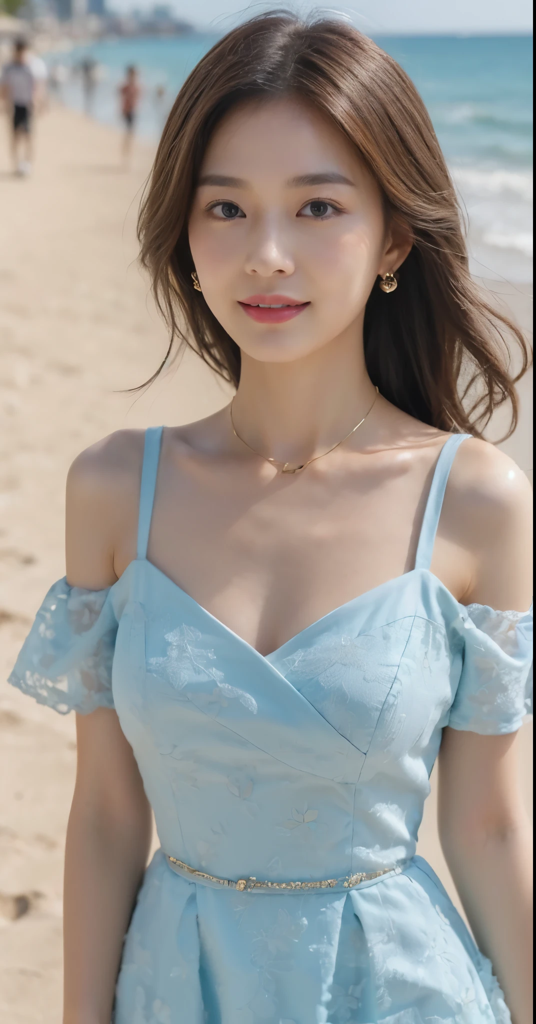 muste piece, best quality, 8K, 8-year-old, Ten generations, Raw photo, disorganized, award-winning portraits, shy smile, solo, (night time:1.8), idol face, delicate girl, upper body whole body, digital single lens reflex, Looking at viewer, Frank, sophisticated,arms are thin, professional lighting, film grain, chromatic aberration, (detailed eyes and face:1.0), (It's blurry:1.1) , (light blue dress 1.1) , close your mouth , black hair , droopy eyes , average size breasts