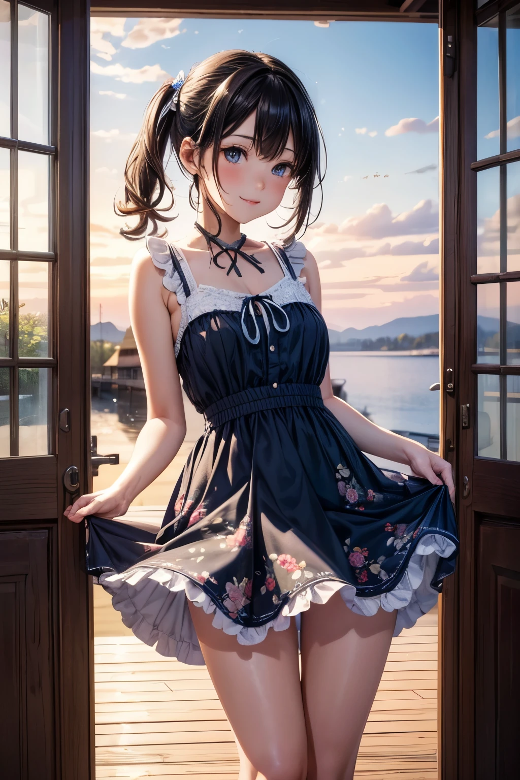 very cute and beautiful girl standing near window,(floral blue summer dress with detailed frills),sleeveless,detailed lace,skirt lift,(white panties), (highly detailed beautiful face),wooden cottage,ocean view,summer, cowboy shot,smile,blush,looking at viewer,medium hair,black hair, (best quality,masterpiece:1.2),absurdres,highres,ultra-detailed,extremely detailed,32k,8k resolution, intricate details,cinematic scene,detailed background,solo,dynamic angle, natural lighting,light particles,beautiful detailed sky,(realistic),perfect hands,