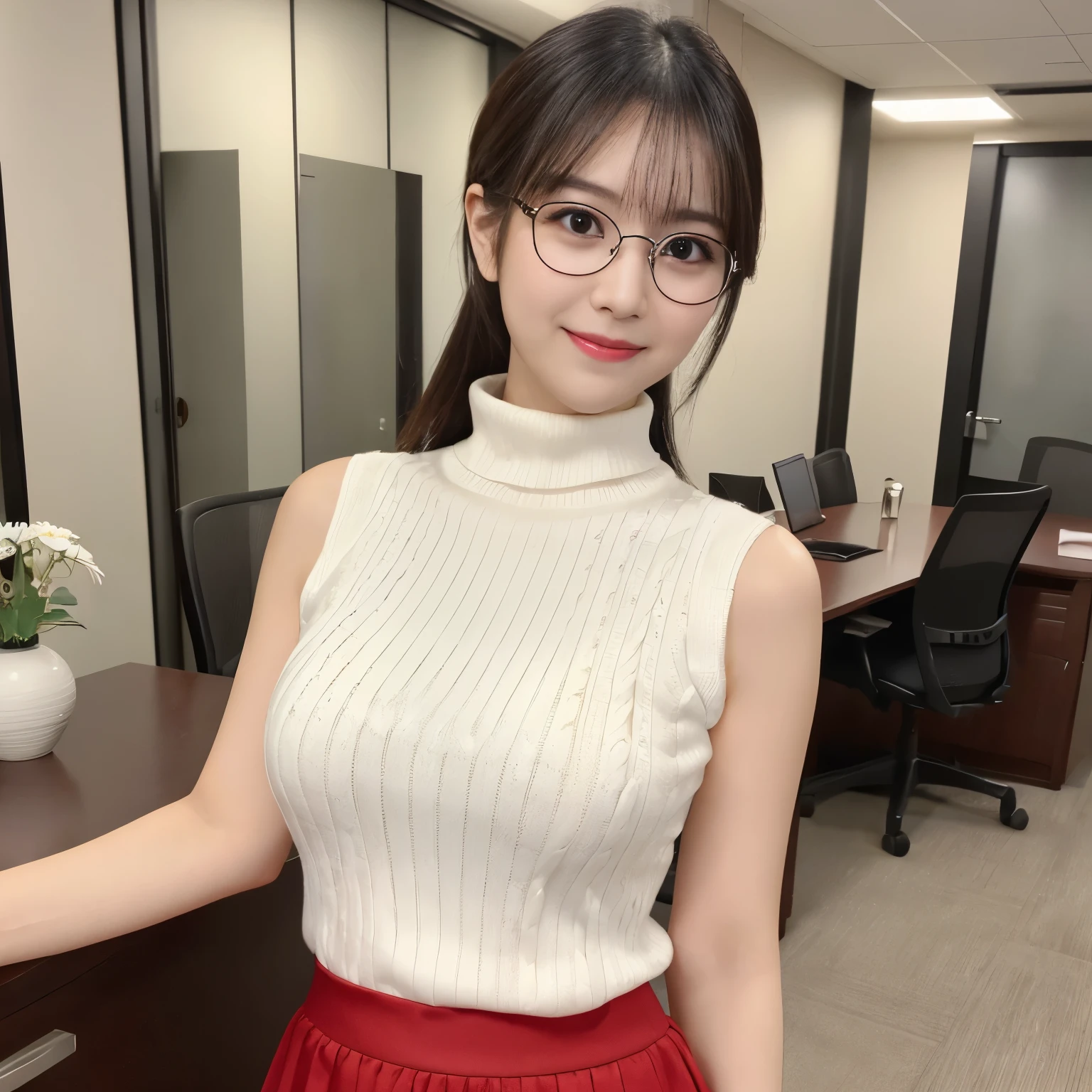 (highest quality、table top、8k、best image quality、Award-winning work)、one beautiful woman、25 years old、(alone:1.1)、perfect beautiful composition、(big and full breasts:1.1)、that&#39;that&#39;s right、(emphasize body line:1.1)、(Perfect white turtleneck sleeveless knit sweater:1.2)、(Classy and perfect round glasses:1.2)、(Elegant red melton skirt:1.2)、(full body photo:1.1)、look at me and smile、(Strongly blurred office corridor background:1.1)、stand gracefully、droopy eyes、natural makeup、Ultra high definition beauty face、ultra high definition hair、Super high-definition sparkling eyes、(Super high-definition glowing beautiful skin:1.1)、Super high resolution glossy lips、accurate anatomy、(very bright and vivid:1.2)