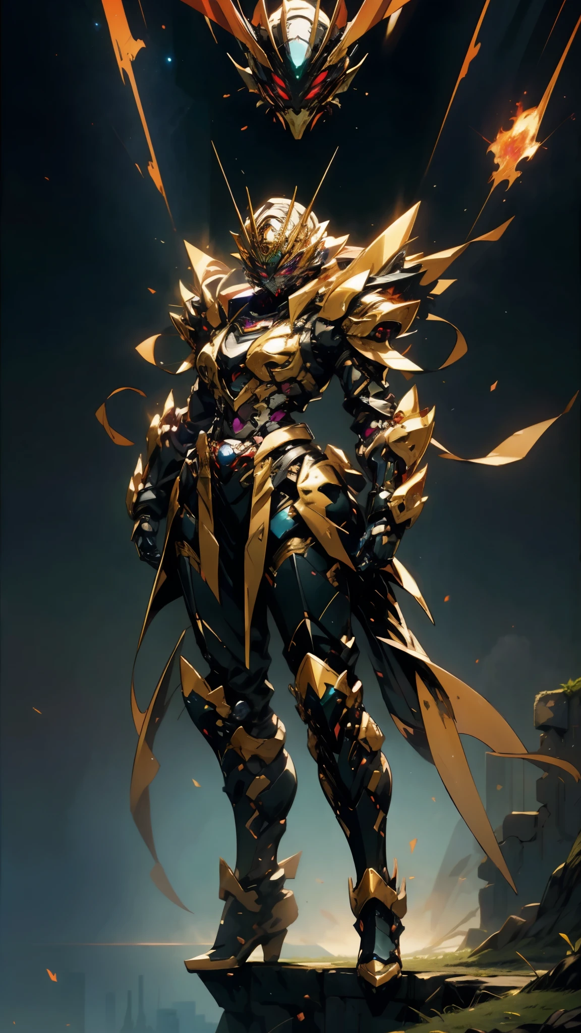 A woman adorned in fantasy-style full-body armor, a crown-concept fully enclosed helmet that unveils only her eyes, a composite layered chest plate, fully encompassing shoulder and hand guards, a lightweight waist armor, form-fitting shin guards, the overall design is heavy-duty yet flexible, (the armor gleams with a golden glow, complemented by red and blue accents), exhibiting a noble aura, she floats above a fantasy-surreal high-tech city, this character embodies a finely crafted fantasy-surreal style armored hero in anime style, exquisite and mature manga art style, (mixture of Queen bee and Spider concept Armor, plasma), ((Element, elegant, goddess, femminine:1.5)), metallic, high definition, best quality, highres, ultra-detailed, ultra-fine painting, extremely delicate, professional, anatomically correct, symmetrical face, extremely detailed eyes and face, high quality eyes, creativity, RAW photo, UHD, 32k, Natural light, cinematic lighting, masterpiece-anatomy-perfect, masterpiece:1.5
