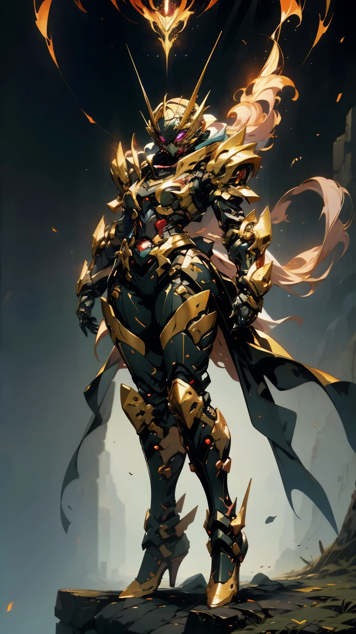 A woman adorned in fantasy-style full-body armor, a crown-concept fully enclosed helmet that unveils only her eyes, a composite layered chest plate, fully encompassing shoulder and hand guards, a lightweight waist armor, form-fitting shin guards, the overall design is heavy-duty yet flexible, (the armor gleams with a golden glow, complemented by red and blue accents), exhibiting a noble aura, she floats above a fantasy-surreal high-tech city, this character embodies a finely crafted fantasy-surreal style armored hero in anime style, exquisite and mature manga art style, (mixture of Queen bee and Spider concept Armor, plasma), ((Element, elegant, goddess, femminine:1.5)), metallic, high definition, best quality, highres, ultra-detailed, ultra-fine painting, extremely delicate, professional, anatomically correct, symmetrical face, extremely detailed eyes and face, high quality eyes, creativity, RAW photo, UHD, 32k, Natural light, cinematic lighting, masterpiece-anatomy-perfect, masterpiece:1.5