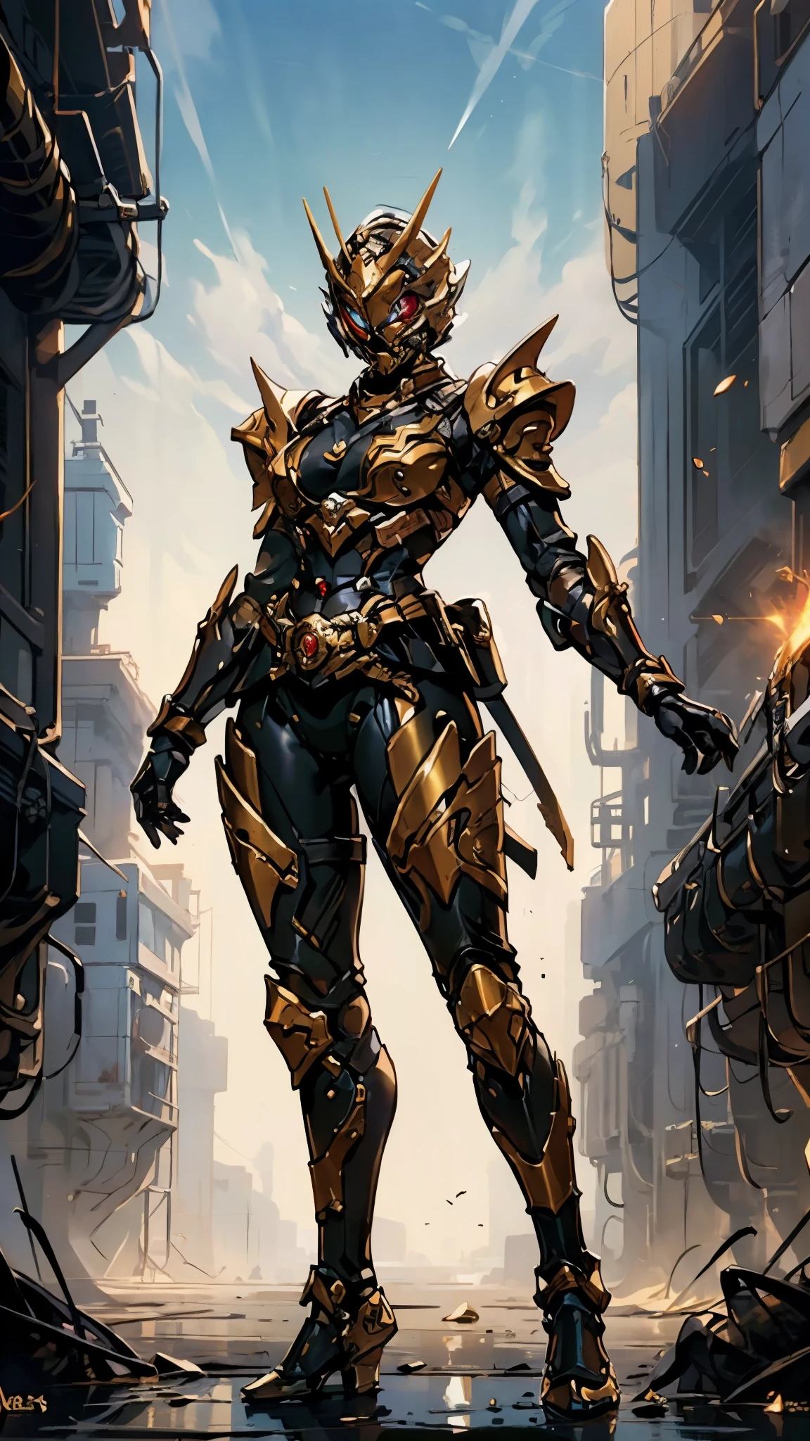 A woman adorned in fantasy-style full-body armor, a crown-concept fully enclosed helmet that unveils only her eyes, a composite layered chest plate, fully encompassing shoulder and hand guards, a lightweight waist armor, form-fitting shin guards, the overall design is heavy-duty yet flexible, (the armor gleams with a golden glow, complemented by red and blue accents), exhibiting a noble aura, she floats above a fantasy-surreal high-tech city, this character embodies a finely crafted fantasy-surreal style armored hero in anime style, exquisite and mature manga art style, (mixture of Queen bee and Spider concept Armor, plasma), ((Element, elegant, goddess, femminine:1.5)), metallic, high definition, best quality, highres, ultra-detailed, ultra-fine painting, extremely delicate, professional, anatomically correct, symmetrical face, extremely detailed eyes and face, high quality eyes, creativity, RAW photo, UHD, 32k, Natural light, cinematic lighting, masterpiece-anatomy-perfect, masterpiece:1.5