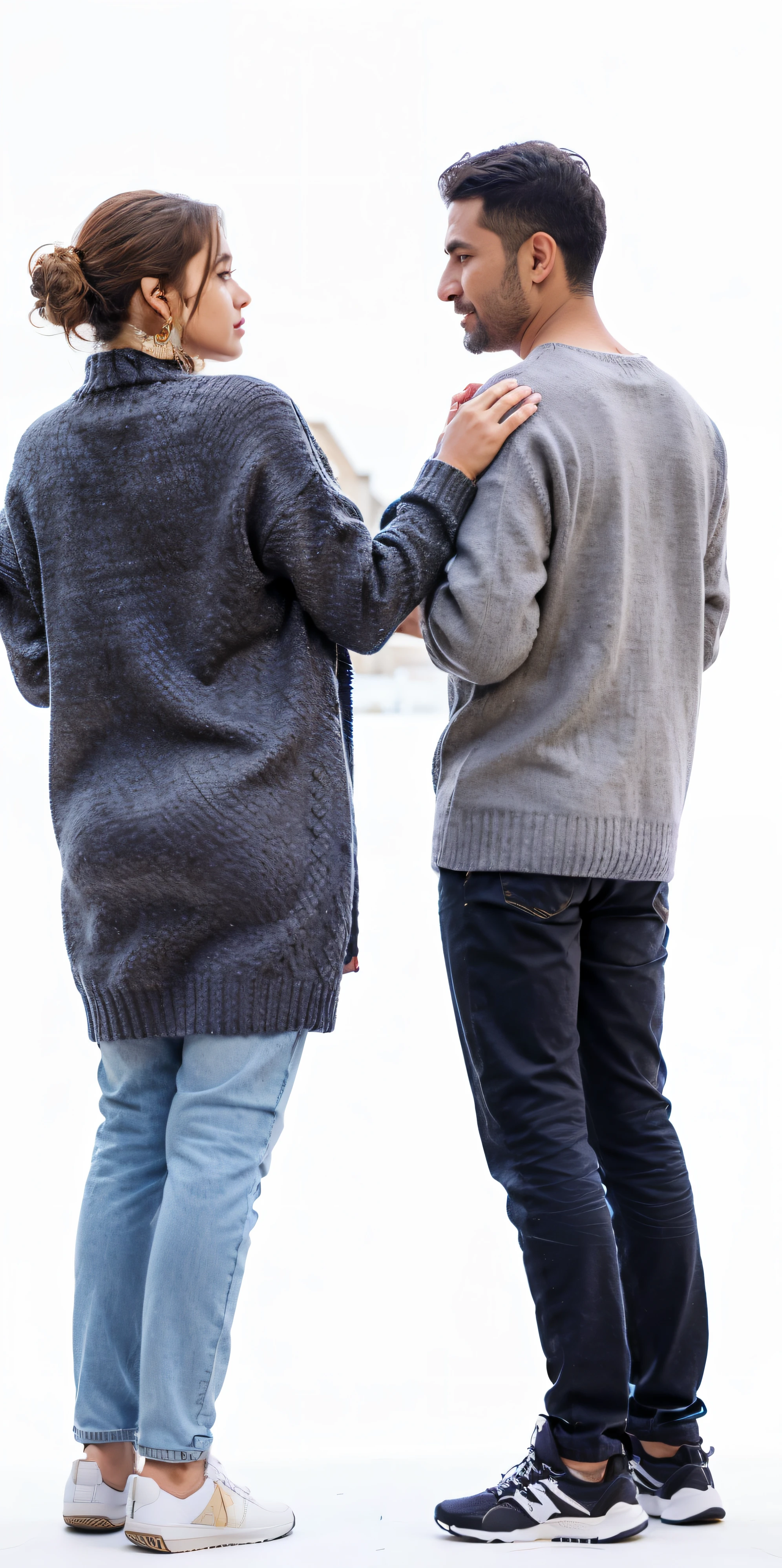 Arafis man and woman standing together and talking, shot from behind, over the shoulder view, long shot from behind, he turned around, Turn your back to the camera, wearing a sweater, shot from behind的中景, gray sweater, view from behind, long shot from behind, large and tall, wearing a sweater, wearing a cardigan