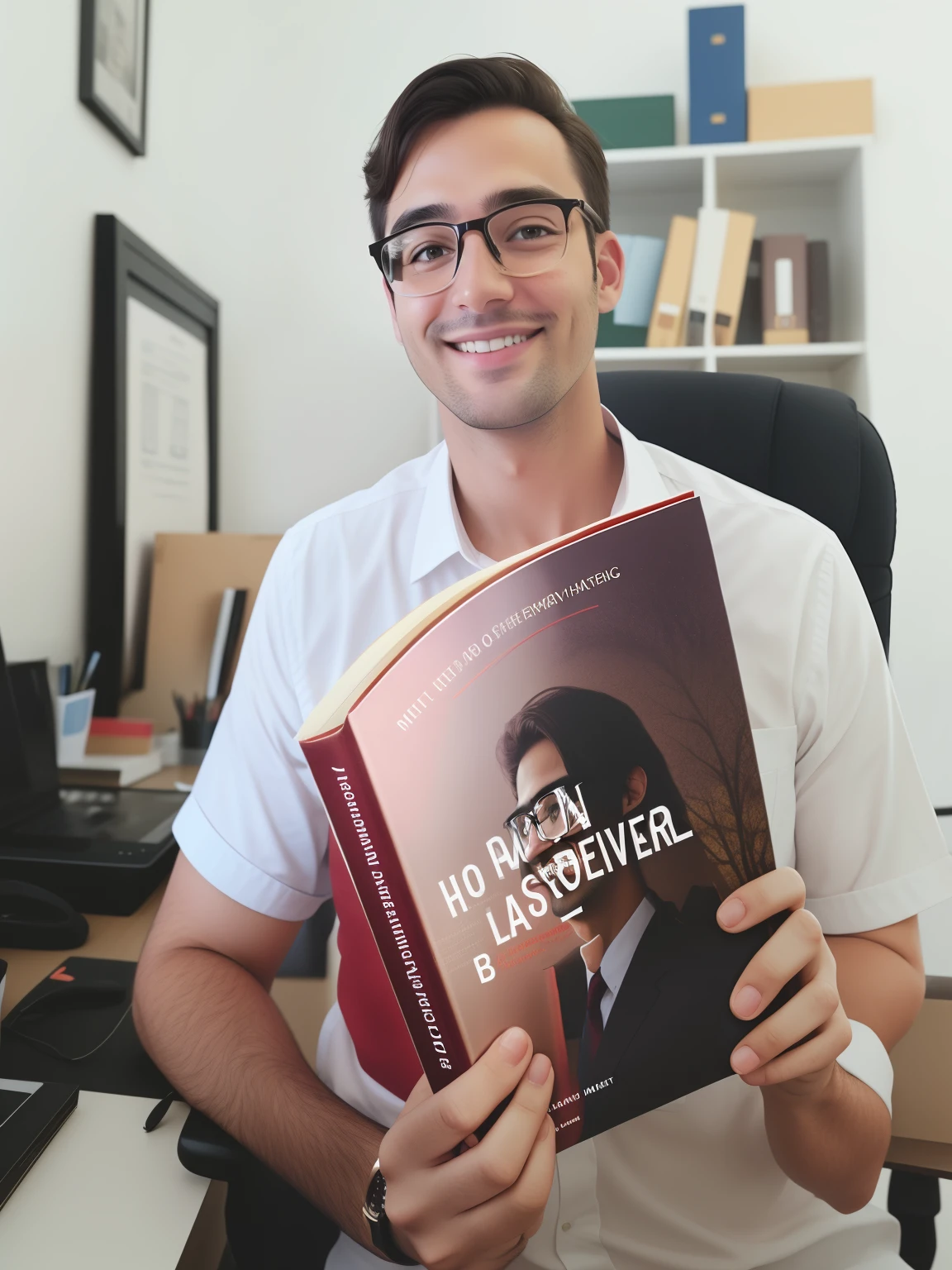 Man in office holding a book, wearing glasses, smiling without a beard