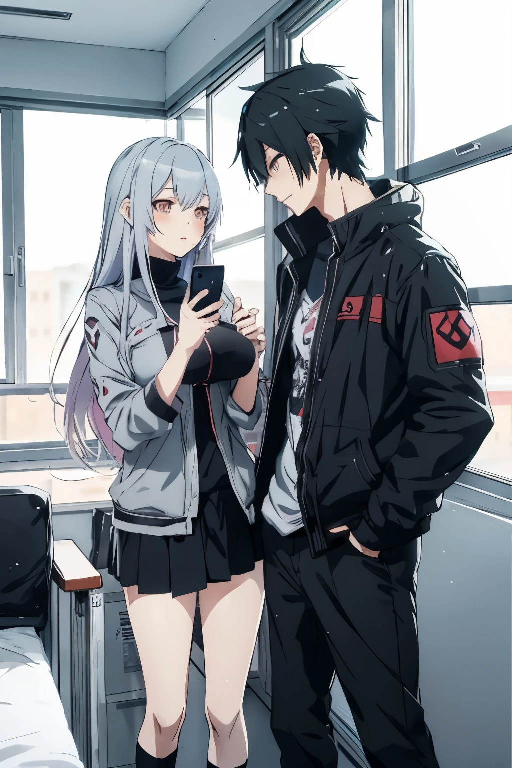 Anime couple with cat and mobile phone in front of window, guys, guweiz style artwork, guweiz, from girls frontline, girls frontline style, High quality anime art style, fine details. girls frontline, Cute anime, anime visual style, Cute anime style, High quality fan art, girly romance, Digital anime illustration, Lovely art style