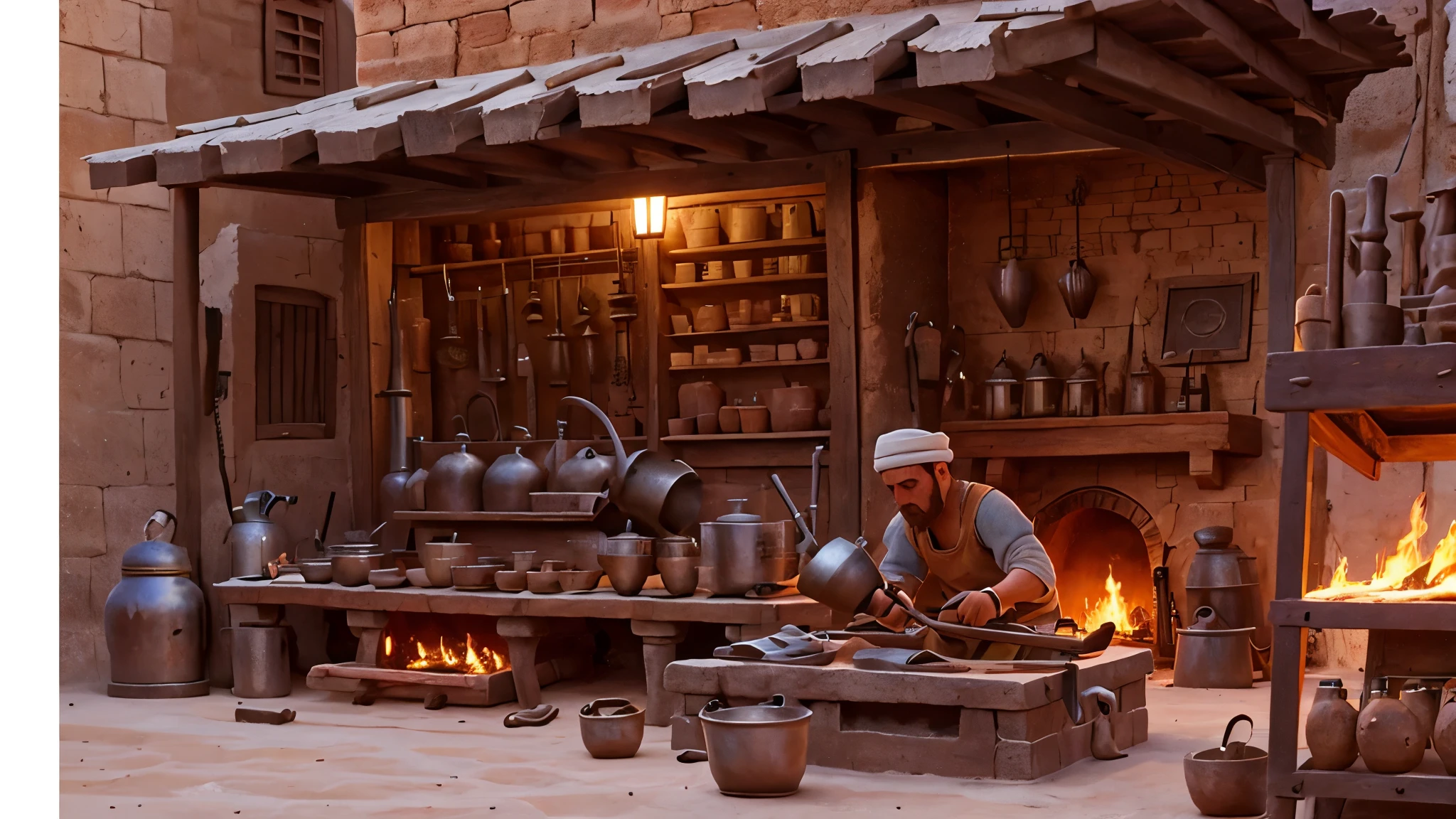 a blacksmith shop in an arabic village in the desert filled with the glow of hot metal and the clang of hammers. super detailed faces