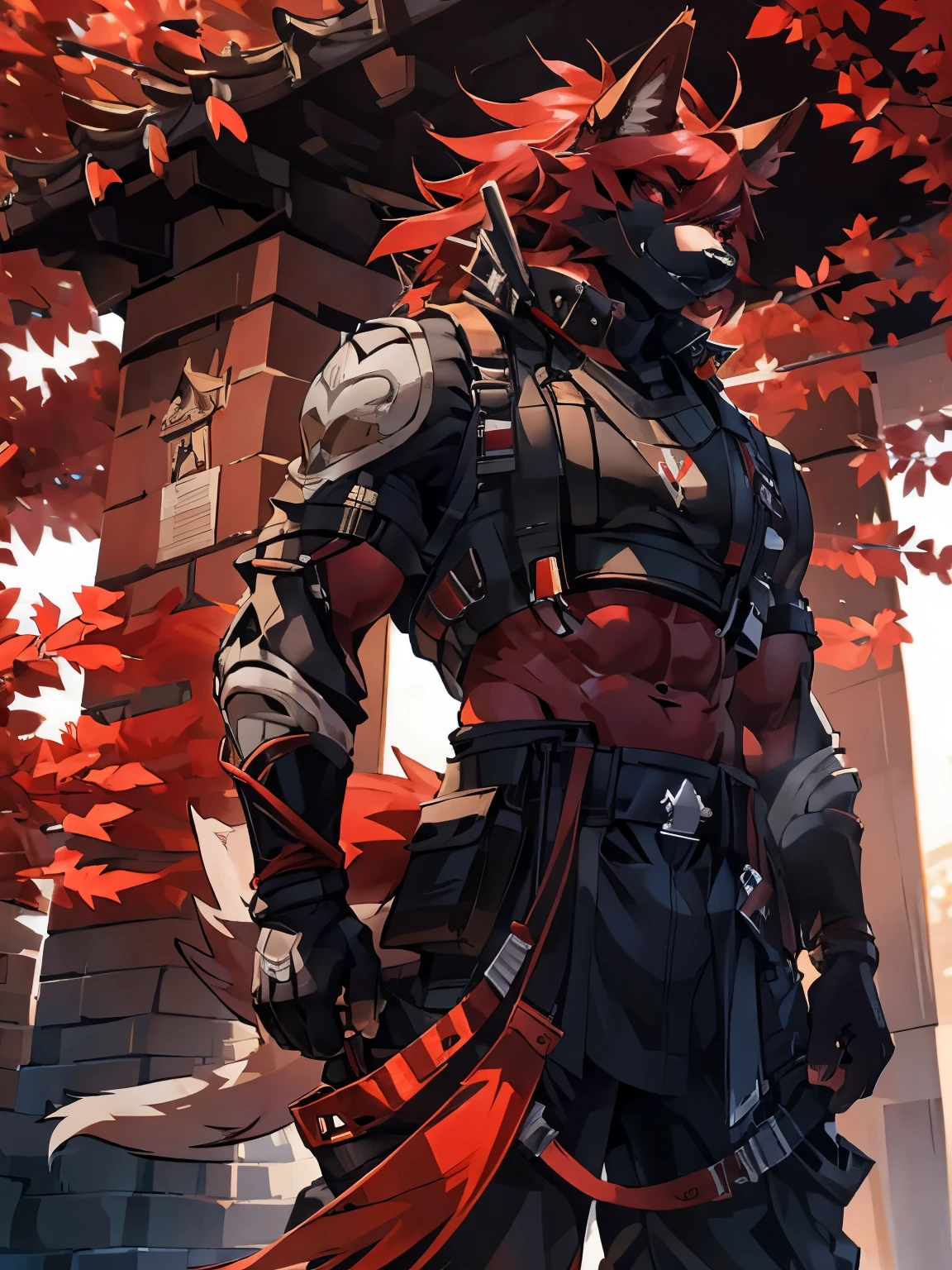 male, furry, Fox anthro, solo, red fur, red eyes, (Realistic eye details 1.2), urbansamuraiwear, abs, Masterpiece, dramatic lighting, soft lighting, day, highly detail, Hair coiled, detail fur, perfect body