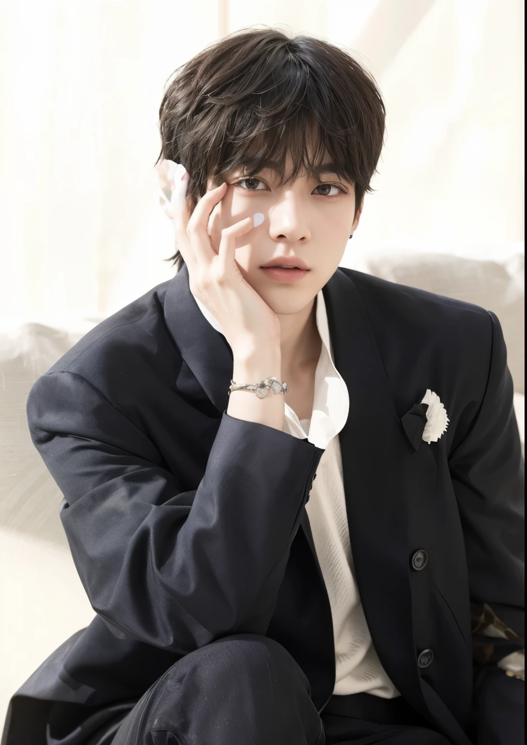 there is a man, cai xukun, handsome androgynous prince, delicate androgynous prince, androgynous face, rosto bonito, retrato de alta qualidade, ayamin para quem, inspirado em Zhang Han, imagem de perfil, aykut aydogdu, headshot imagem de perfilture, araki, ultra HD, realista
