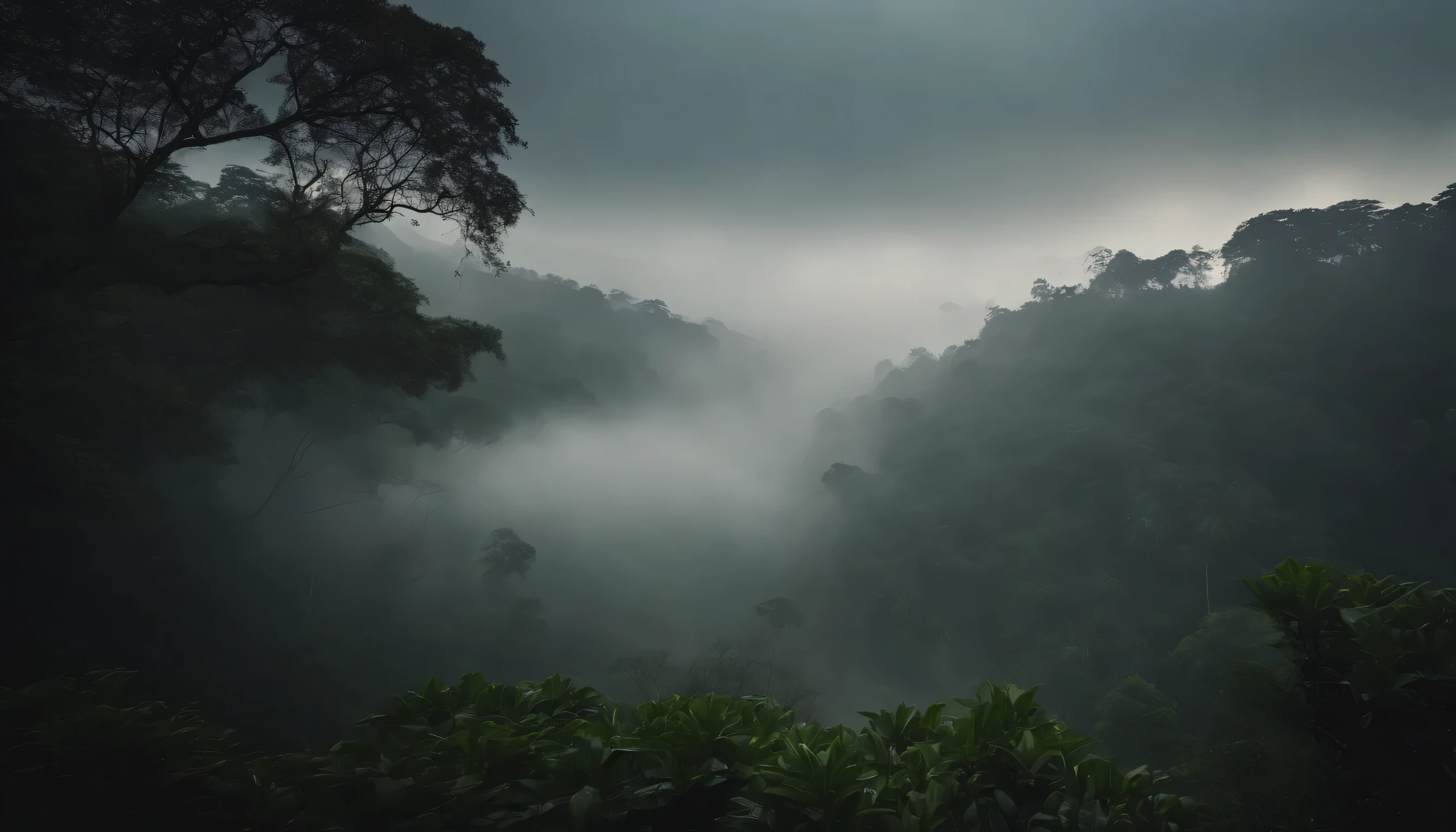 Landscape jungle cinematic drone shot scene with mist and fog covering the trees
