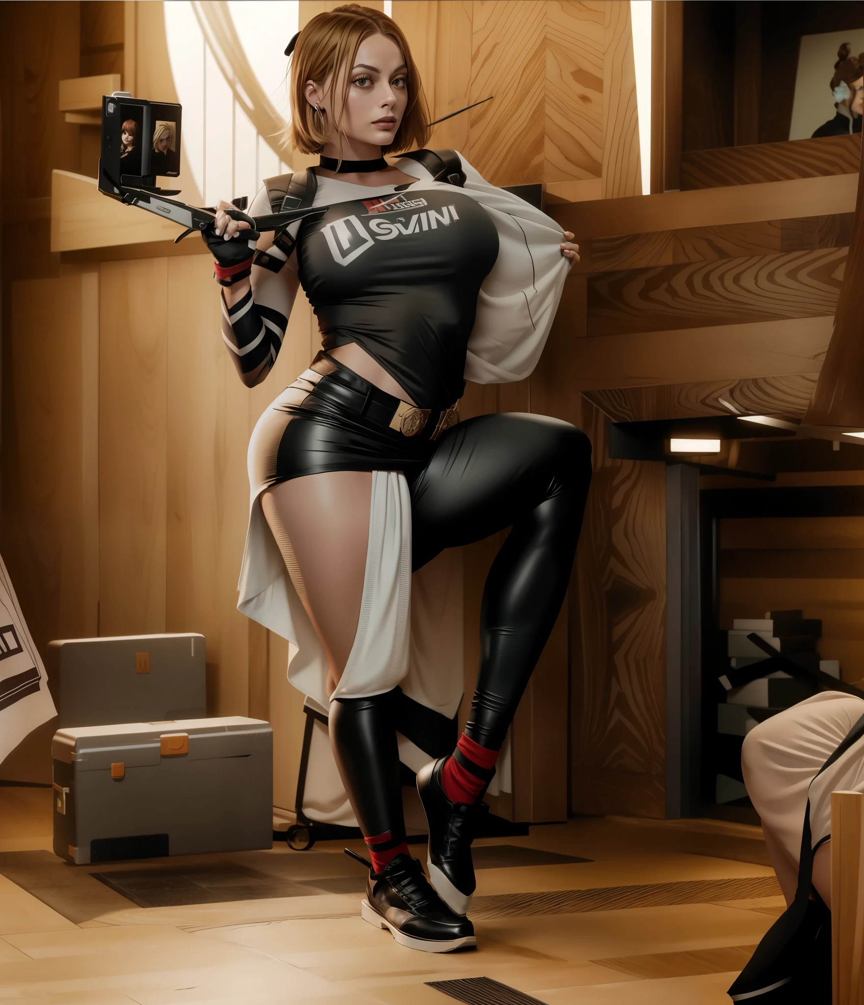 Margot Robbie as Nobara from Jujutsu Kaisen com roupa vermelha e branca posando para uma foto, inspirado em Ryan Barger, Grosso, renderizado em SFM, como personagem de overwatch, High Resolution Commission, of Harley Quinn, garota poderosa, Cammy, como um personagem de overwatch, character is in his natural pose, of surveillance, fanart da coelhinha lola, corpo pin-up, Harley Quinn