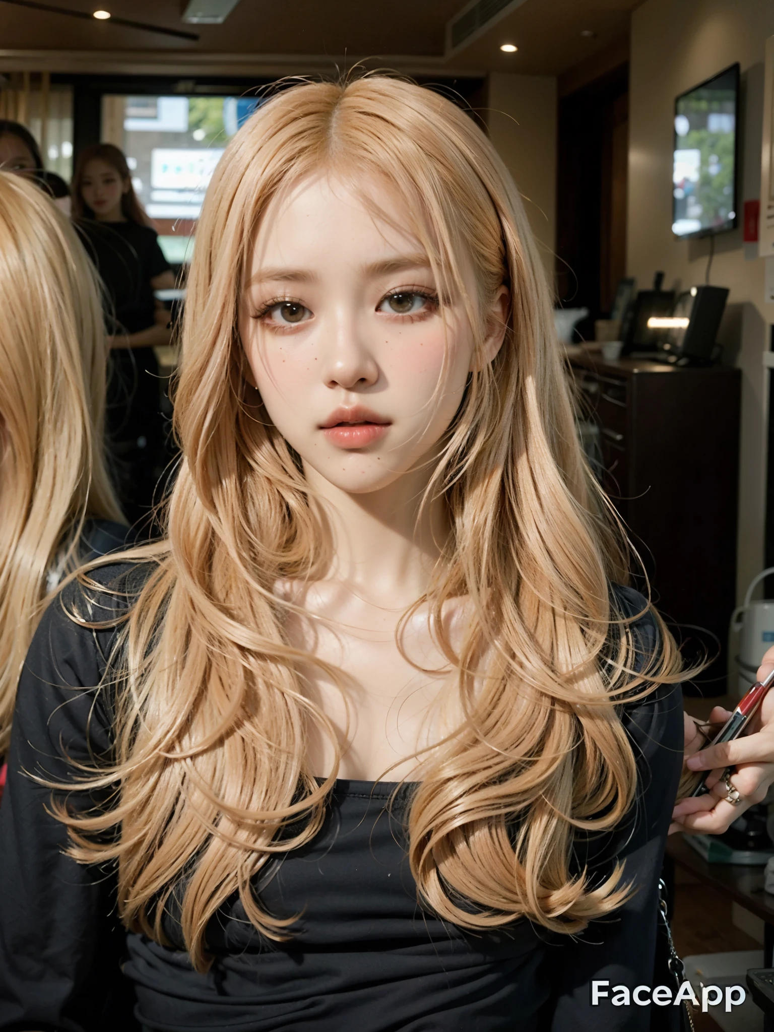 um close de uma mulher com longos cabelos loiros e uma blusa preta, parque roseanne de blackpink, jossi do blackpink, o corte Hime, portrait of jossi do blackpink, Uma garota com cabelo loiro, jennie blackpink, penteado com corte hime branco, Lalisa Manoban do Blackpink, maquiagem sul-coreana popular, Lalisa Manobal, pele clara cabelo loiro cacheado