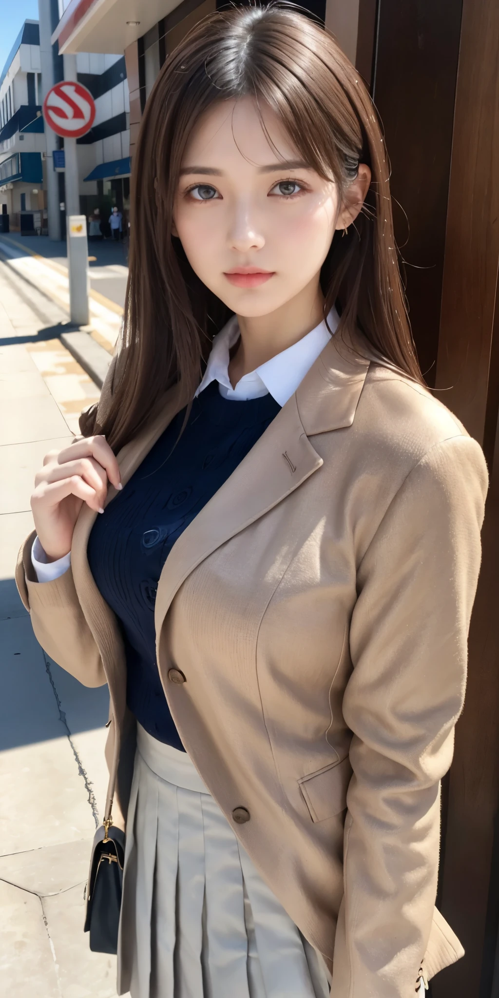 Photoreal、Masseter muscle part、highest quality、High resolution、RAW photo、realistic、bright lighting、face light、smooth professional lighting、solo、japanese woman、Half beauty、adult woman、Beautiful woman、modeled、super beautiful、realistic skin、realistic face、beautiful eyes、brown eyes、Inconspicuous tear bags、slim、medium big breasts、short hair、brunette colored hair、looking at camera、looks fun、camel toe、gray jacket、gray mini pleated skirt、white Y-shirt、open chest、high school uniform、