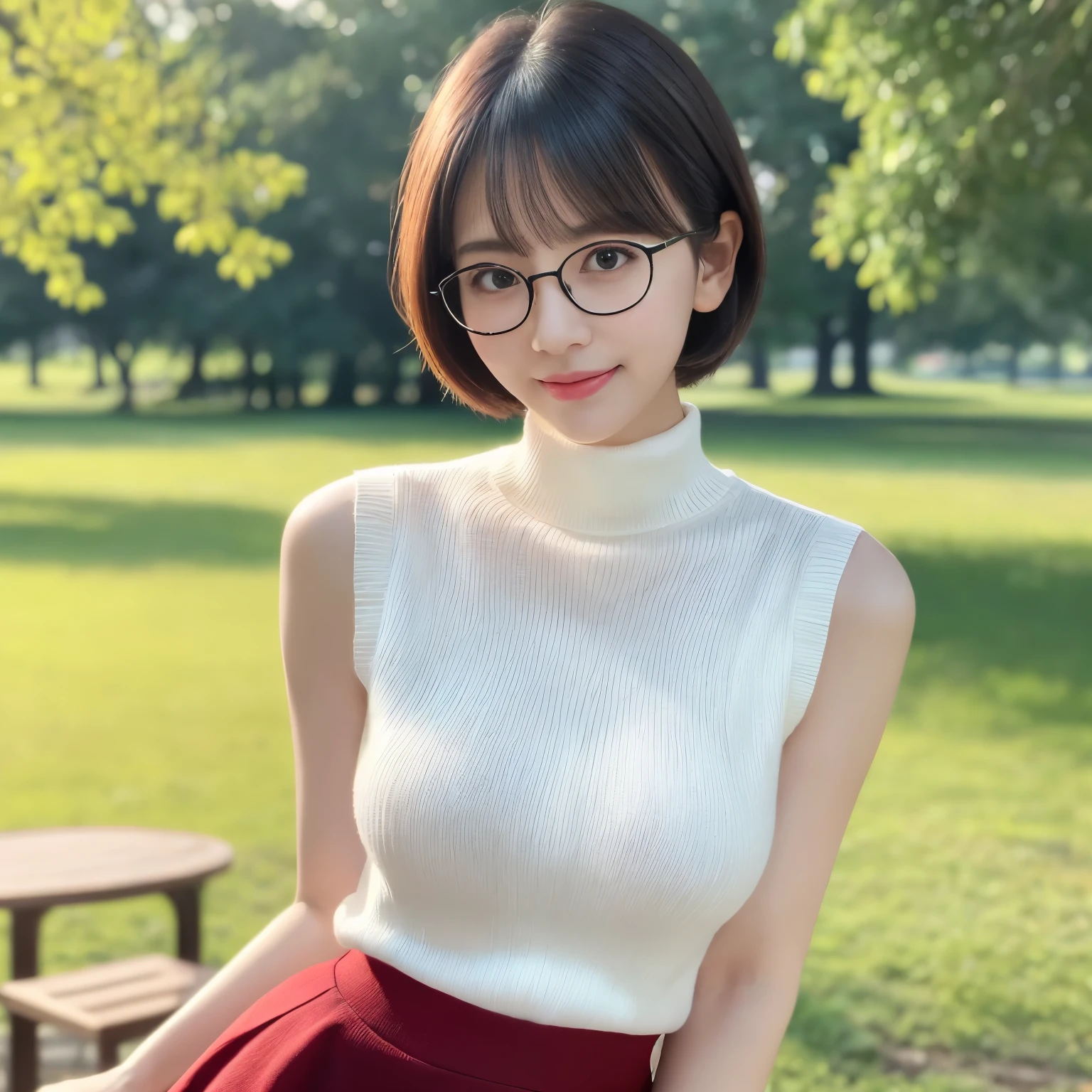 (highest quality、table top、8k、best image quality、Award-winning work)、one beautiful woman、25 years old、(alone:1.1)、perfect beautiful composition、(big and full breasts:1.1)、that'that's right、(emphasize body line:1.1)、( Berry short cut hair:1.1)、(Perfect white turtleneck sleeveless knit sweater:1.2)、(Classy and perfect round glasses:1.2)、(Elegant red melton skirt:1.2)、(full body photo:1.1)、look at me and smile、(Strongly blurred accurate city park background:1.1)、stand gracefully、droopy eyes、natural makeup、Ultra high definition beauty face、ultra high definition hair、Super high-definition sparkling eyes、Super high resolution glossy lips、accurate anatomy、(very bright and vivid:1.2)