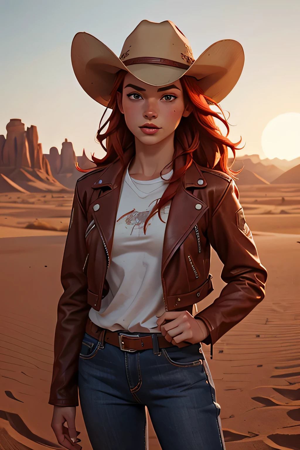 cowboy，a girl，cowboy hat，leather jacket，Red hair，Caucasian，freckle，beautiful，desert，struggle，disney style、ambient lighting、Ray tracing、Volumetric light、ambient light、