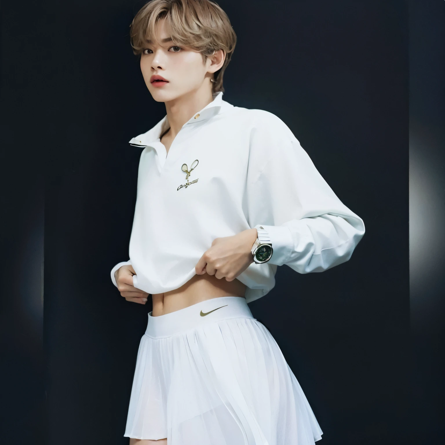Hay un hombre vestido de tenis posando para una foto., cai xukun, kim doyoung, Jimin, Jung Jaehyun, park Jimin, inspirado en tae hyung kim, kim taejin, con pelo corto plateado, en ropa blanca, delicate androgynous prince, lindo, Inspirado por Kim taehyung , euro, con camisa blanca de cuello alto, fanart oficial, jia