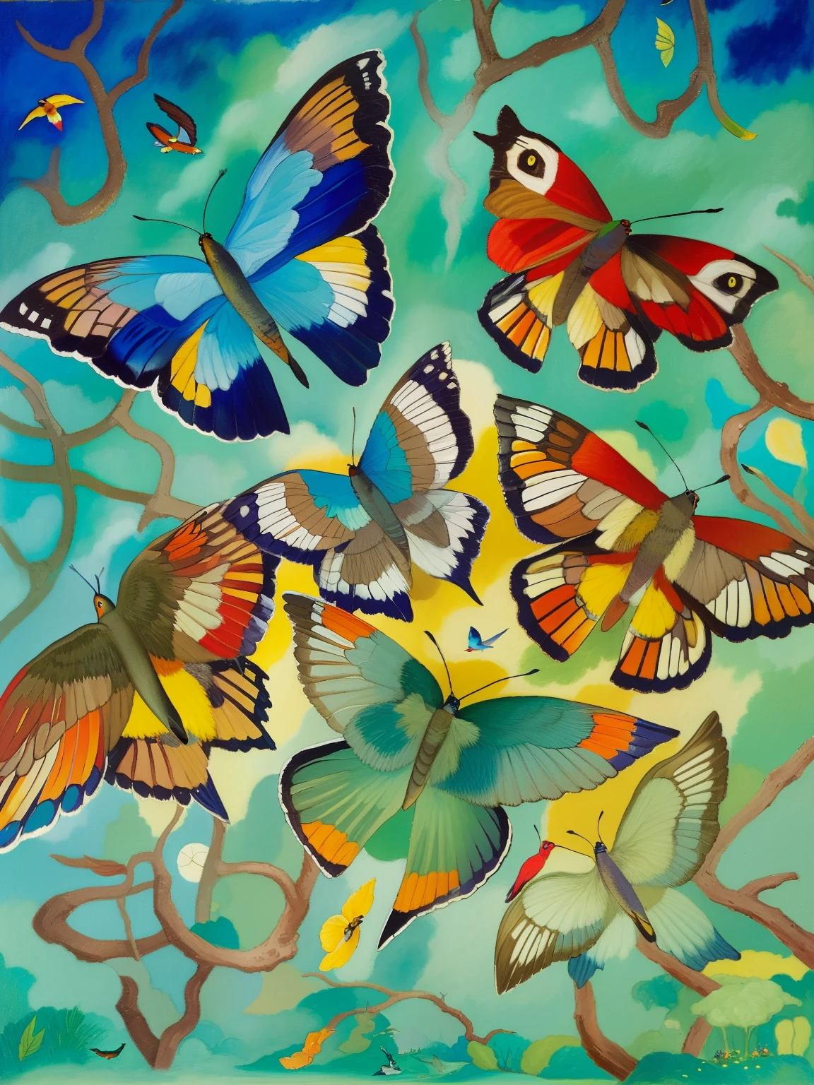 borboletas are flying around a colorful painting on a blue background, borboletas, borboletas in the foreground, borboletas and birds, borboletas flying, borboletas and worms, harmonia de borboleta, inspirado em Raoul Dufy, inspirado em Jan van Kessel, o Velho, inspirado em Richard Doyle, borboletas and sunrays, birds and borboletas, arte pop de borboleta, borboletas floating in the sky