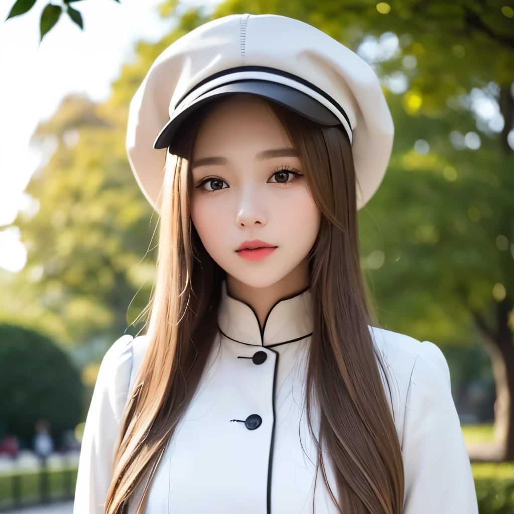 Girl, long soft brown-blonde hair, gray eyes, sharp features, white skin, long-sleeved dress style, hat, in a park