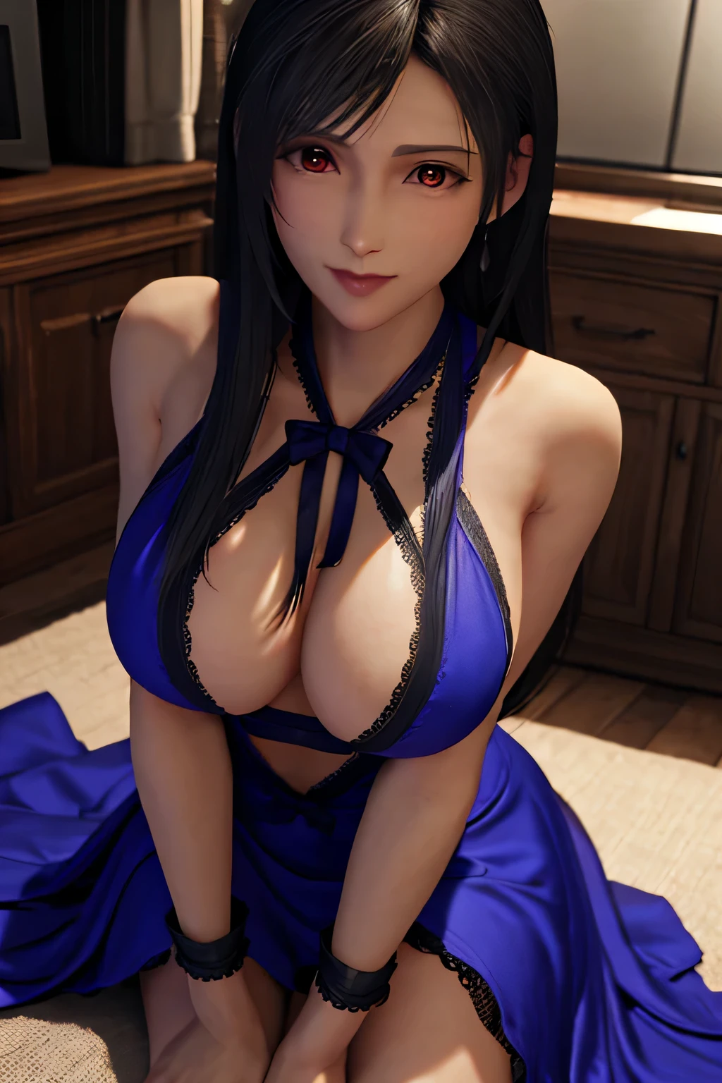 (highest quality:1.4) ,unreal engine,masterpiece, super resolution,(realistic: 1.4), Liar,vagina,sex,highest quality, very delicate and beautiful, High resolution,kissing face, 1 girl, Tifa_lock heart, smile, black hair, long hair, purple dress,beautiful detailed red eyes, (huge breasts: 1.2), dynamic pose, dynamic angle,in the bedroom