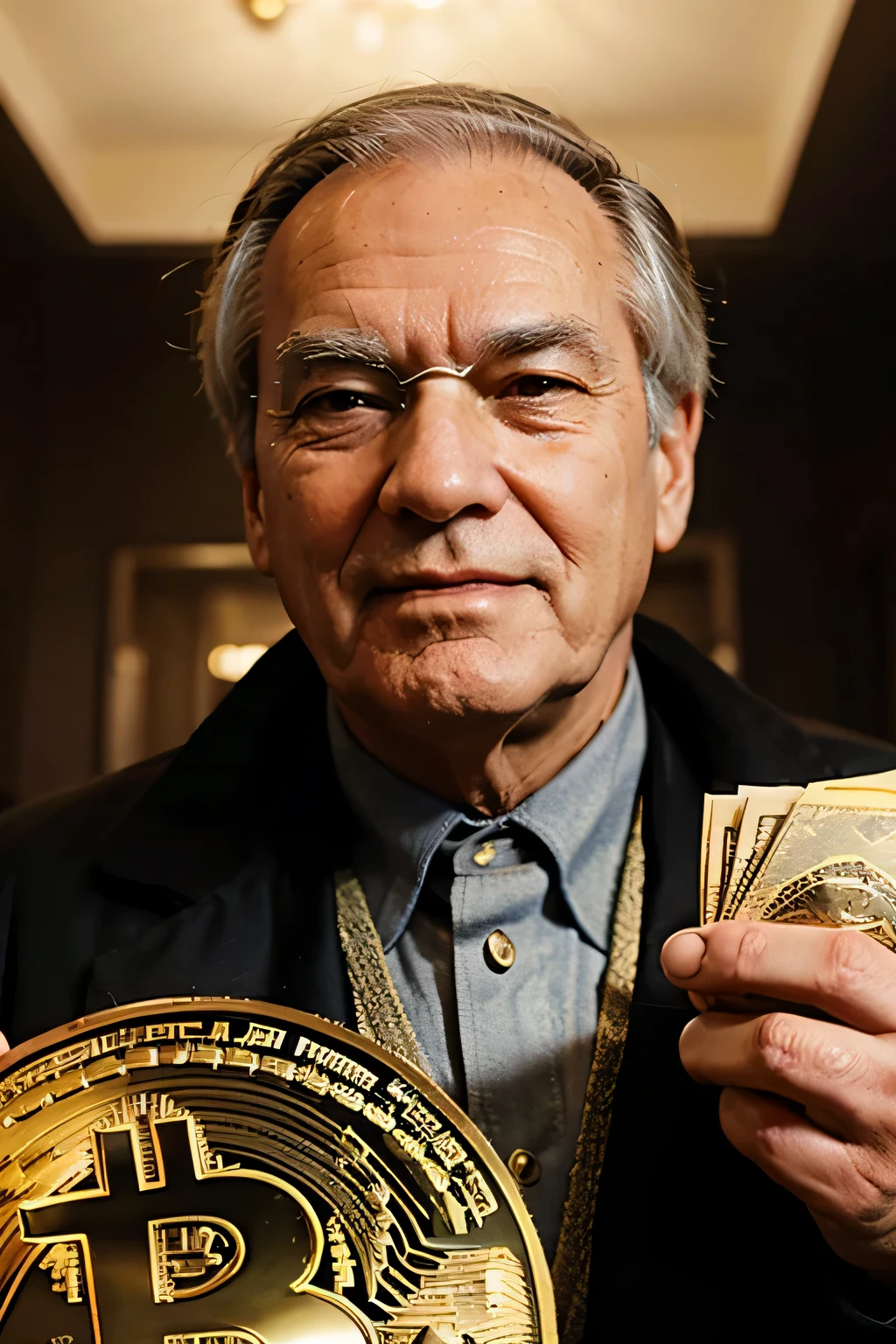Warren Buffett, A detailed and realistic image of a stranger in a suit, Surrounded by a pile of gold coins and diamonds, ultra-realistic image, hyper-detailed realistic skin, Look for an ultra-realistic image.
