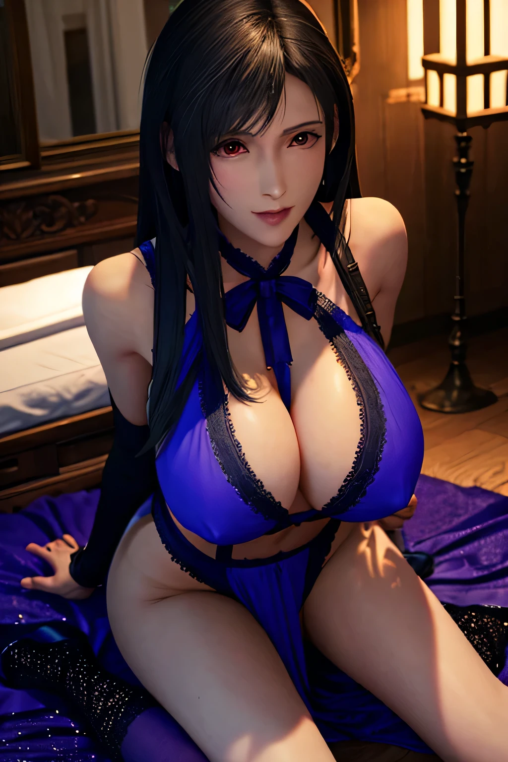 (highest quality:1.4) ,unreal engine,masterpiece, super resolution,(realistic: 1.4), Liar,vagina,sex,highest quality, very delicate and beautiful, High resolution,kissing face, 1 girl, Tifa_lock heart, smile, black hair, long hair, purple dress,beautiful detailed red eyes, (huge breasts: 1.2), dynamic pose, dynamic angle,in the bedroom