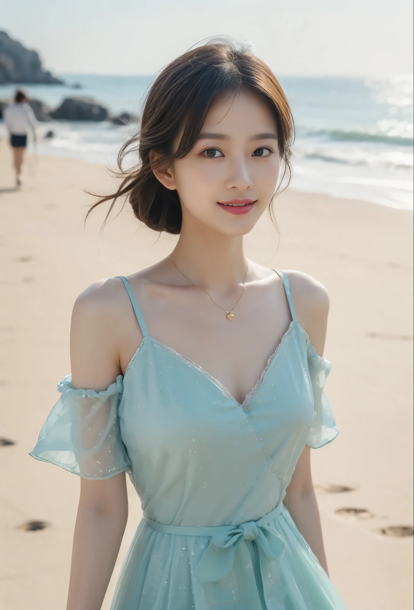 ((Masterpiece, Top image quality, high resolution、alone、skin shiny))(on the table, best quality, actual, super detailed, meticulous, high resolution, 8k wallpaper), Close-up portrait of a beautiful woman, like, smiling, light brown messy hair, Perfect dynamic composition, 美丽meticulous的眼睛, Just like the cover of a fashion magazine, on campus,wearing gold glasses