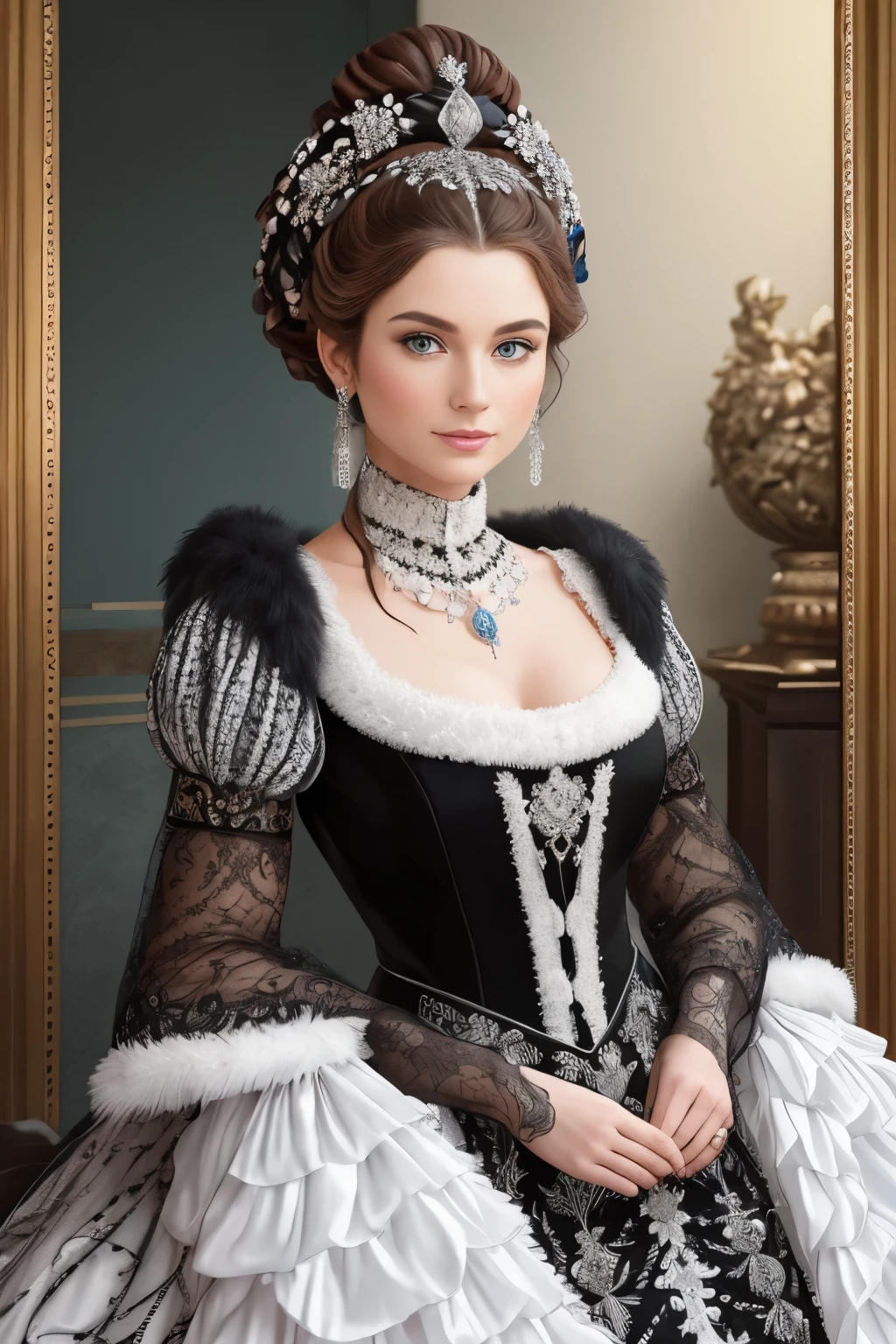 A stunningly elegant pinecone woman with pinecones and black and white striped fur yxcv woman is captured in exquisite detail against a black background. ice blue eyes, This high-quality photograph showcases her flowing pinecone white violet-red-hair with pinecones and black and white striped fur and intricate historical attire. The image is meticulously realistic, with every delicate feature and ornament rendered with precision. Her graceful poise and classic beauty radiate from the frame, inviting viewers to appreciate the rich colors and textures of the Rococo era.