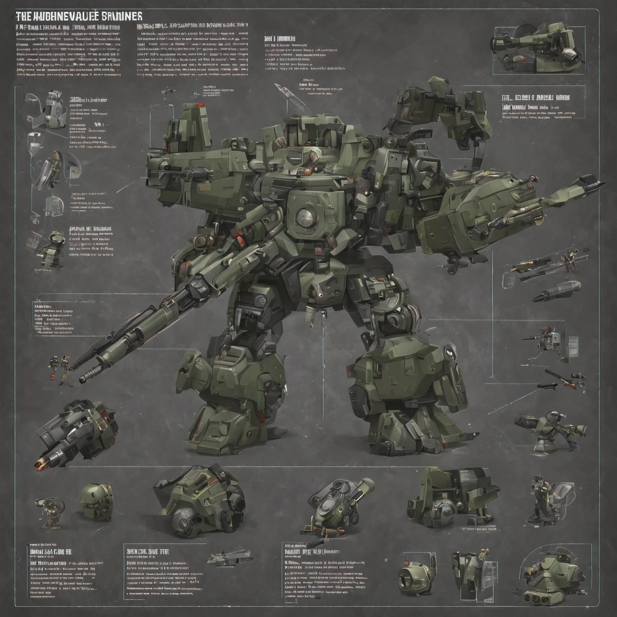 arms, rifle, cannon, missile, machine gun, shield, knife, character sheet, very detailed, giant robot,