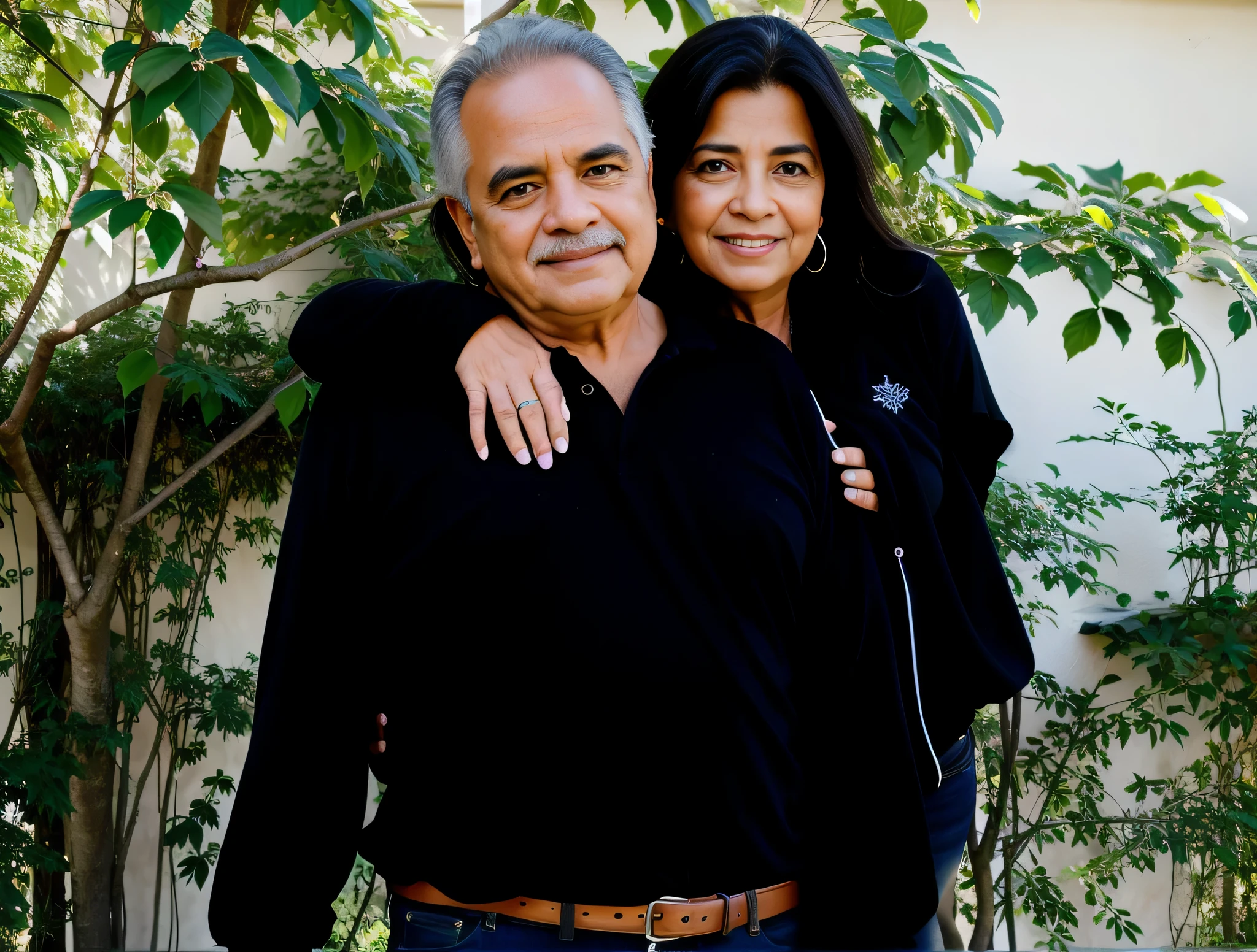 they are posing for a photo in front of a tree, casal feliz. . foto de corpo inteiro, foto clara, alta qualidade, high resolution, obra de arte, 8K.
