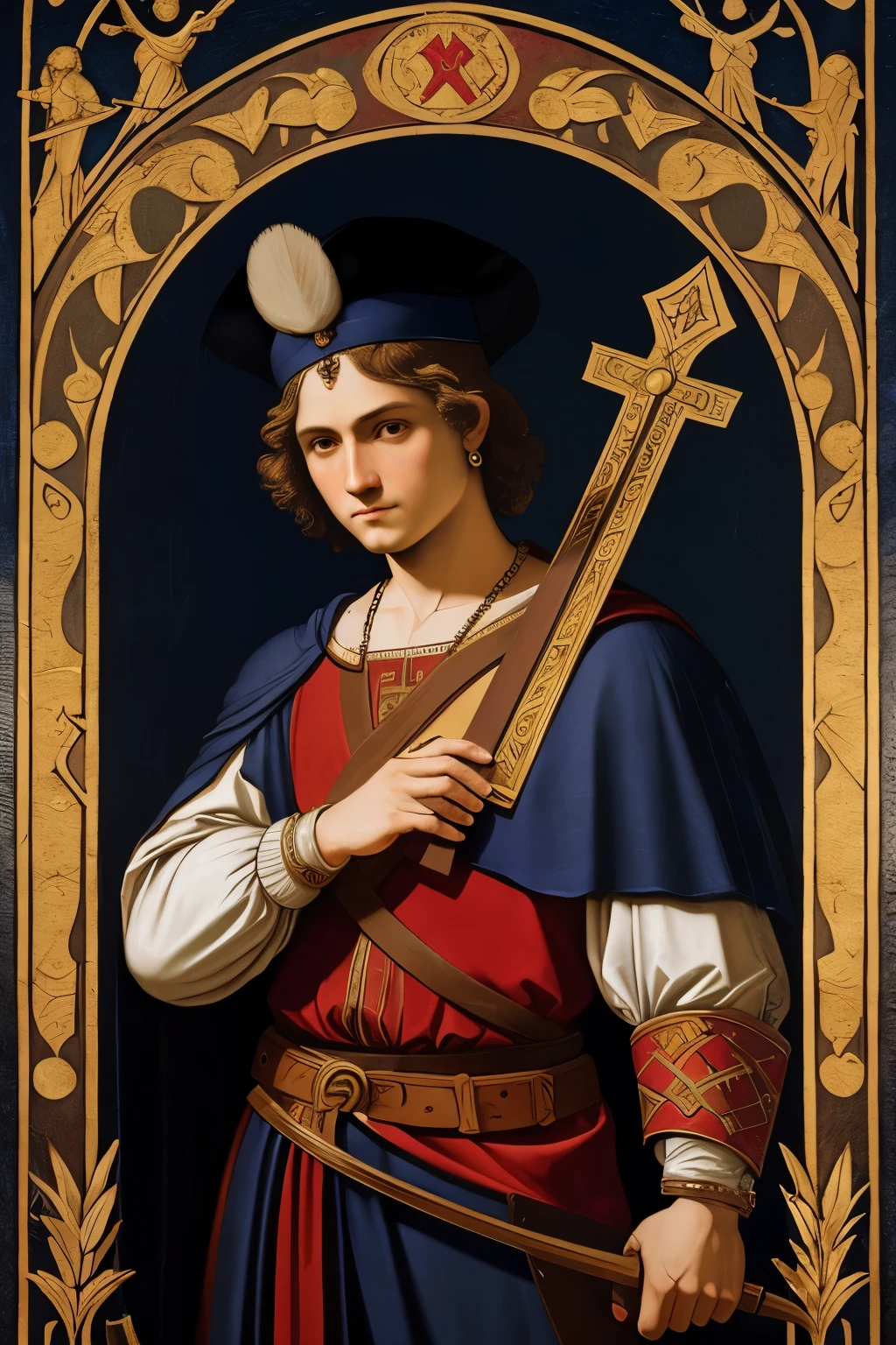 Iconic art style depiction of young saint expedite , with nimbus, dresssed as Roman centurion , holding Christian Cross in right hand and palm leaves in left hand, stepping on crow on the , harmonious composition, the clothes are dark gold , red and navy color. full body portrait, high details, Chiaroscuro, epic, Medieval Illumination, Rembrandt art style , Leonardo da Vinci art style , Caravaggio art style , Illuminated Manuscript , tarot cards style, Arabesque style