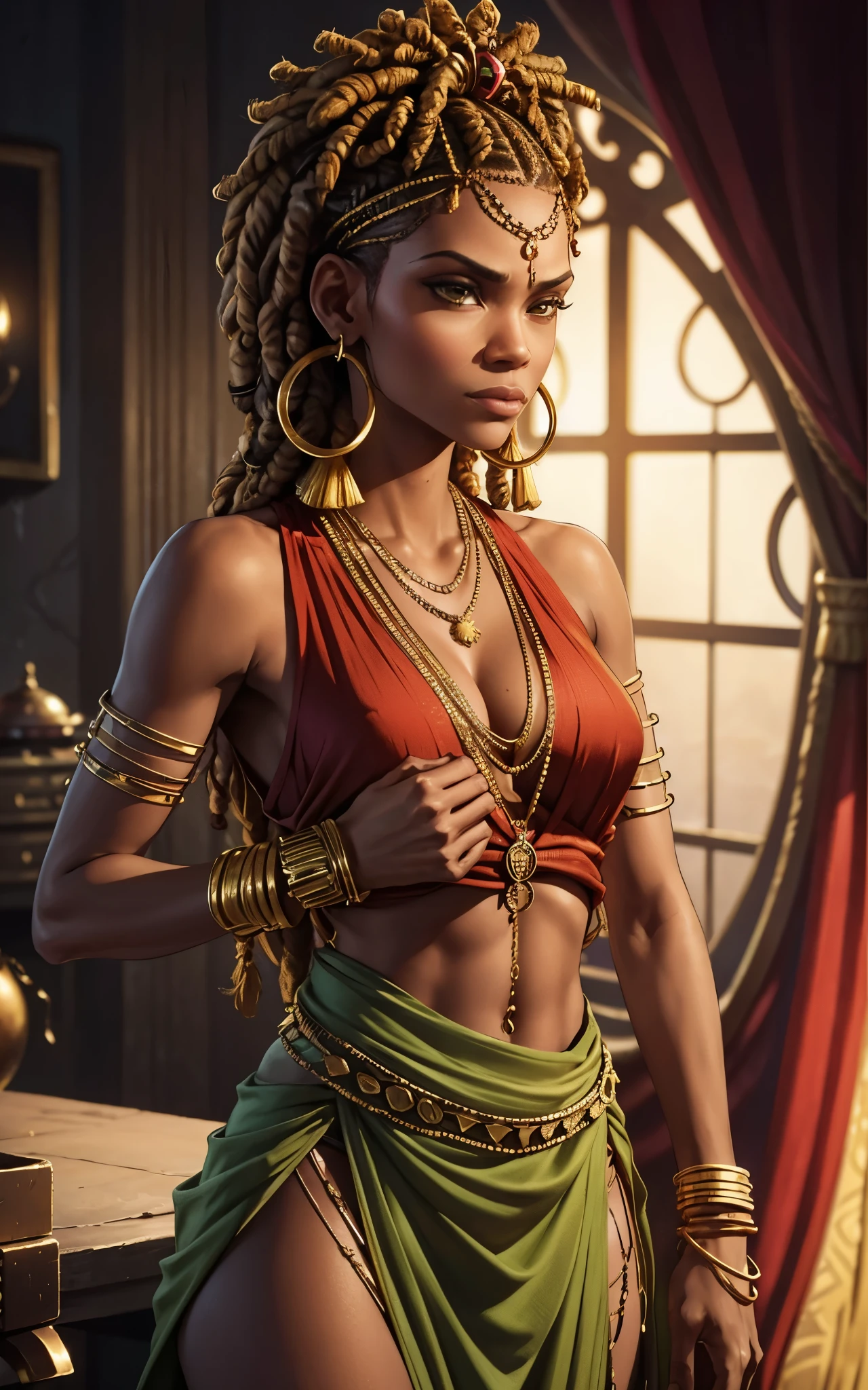 (Zendaya:Halle Berry) dressed like a nigerian chaman, red green and yellow sleeveless tunic, (high top fade haircut and dreads) tribal tattoo in the face, (golden rings necklace), Lovecraft atmosphere, masterpiece, hyperdetailed