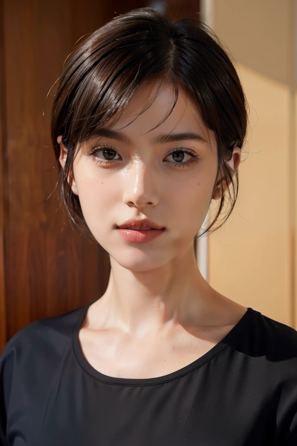 short hair beauty,Exquisite facial features,Upper body and full face,wear a shirt,teacher,facial close-up,The background is an office scene,3d,Super detailed,HD