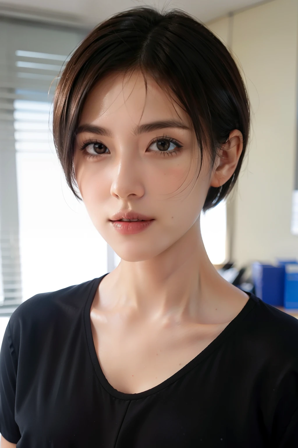 short hair beauty,Exquisite facial features,Upper body and full face,wear a shirt,teacher,facial close-up,The background is an office scene,3d,Super detailed,HD