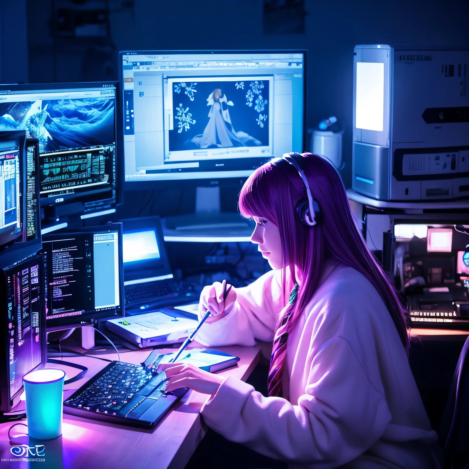 Create high-resolution artwork for lofi ,Anime girl is programming on a computer in a room full of gadgets, It snowed ,web developer, By Makoto Shinkai and Ghibli Studio, Outlined silhouette, dramatic lighting, very detailed, incredible quality, Trending at Art Station,pink or purple color