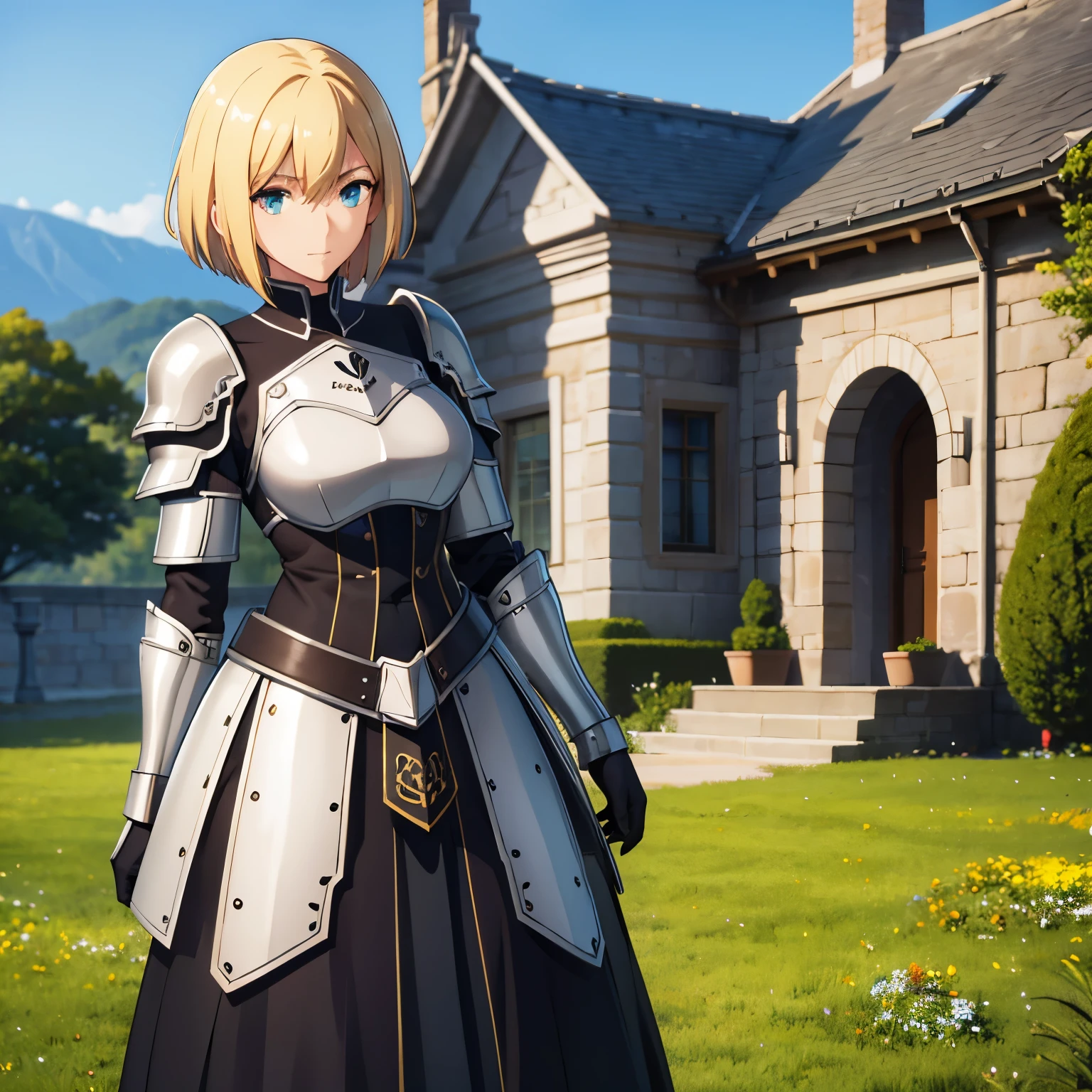 German,cool,woman knight,Blonde short intake hair,emerald eyes.tsurime,1600s,Portrait,covered in full body armor in a meadow