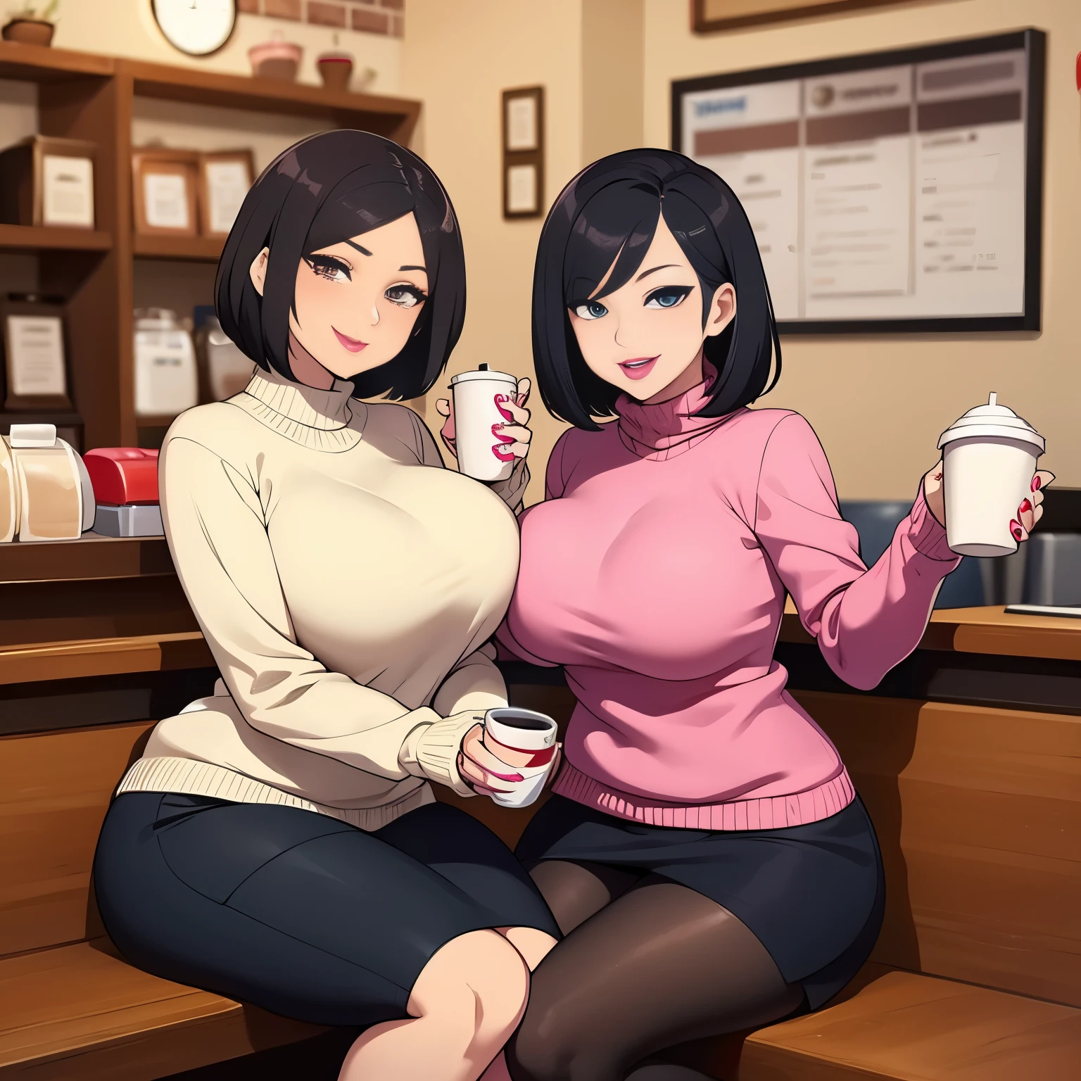 Milf, pink lipstick, short black hair, sweater, skirt, tights, winking, looking at viewer, flirting, hourglass figure, coffee shop, sitting opposite of viewer, love hearts