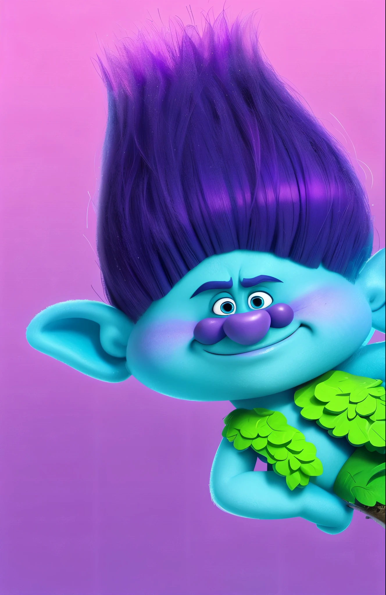 trolly with purple hair and green leaves on a branch, trolls, cute little troll, Portrait shot, Animated film, Pixar portrait 8k photo, troll, Animated film, Movie Character, digital art, DreamWorks Animation, 3 d Animated film, bright fan art, iconic character with high detail, Animated film still, renderer, trending on artstation 4k