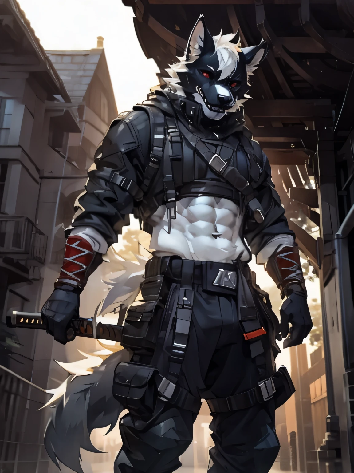 male, furry, Wolf anthro, solo, white fur, red eyes, (Realistic eye details 1.2), urbansamuraiwear, abs, Masterpiece, dramatic lighting, soft lighting, day, highly detail, Hair coiled, detail fur, perfect body