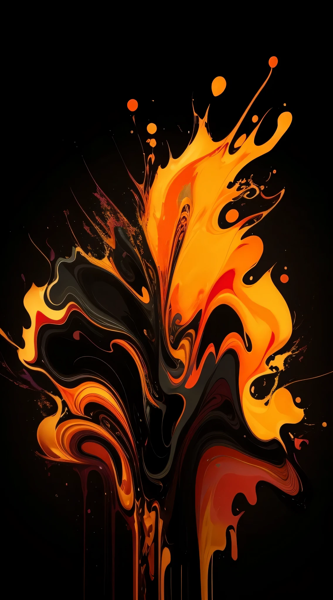 a close up of a liquid splash on a black background, intricate flowing paint, abstract, abstract!, abstract!!, abstract!!!, liquid fire, swirling paint, abstract liquid, abstract style, swirling liquids, coloured in orange fire, amoled wallpaper, abstract painting. 8k, very abstract, liquified, abstraction, abstract colors, paint splash