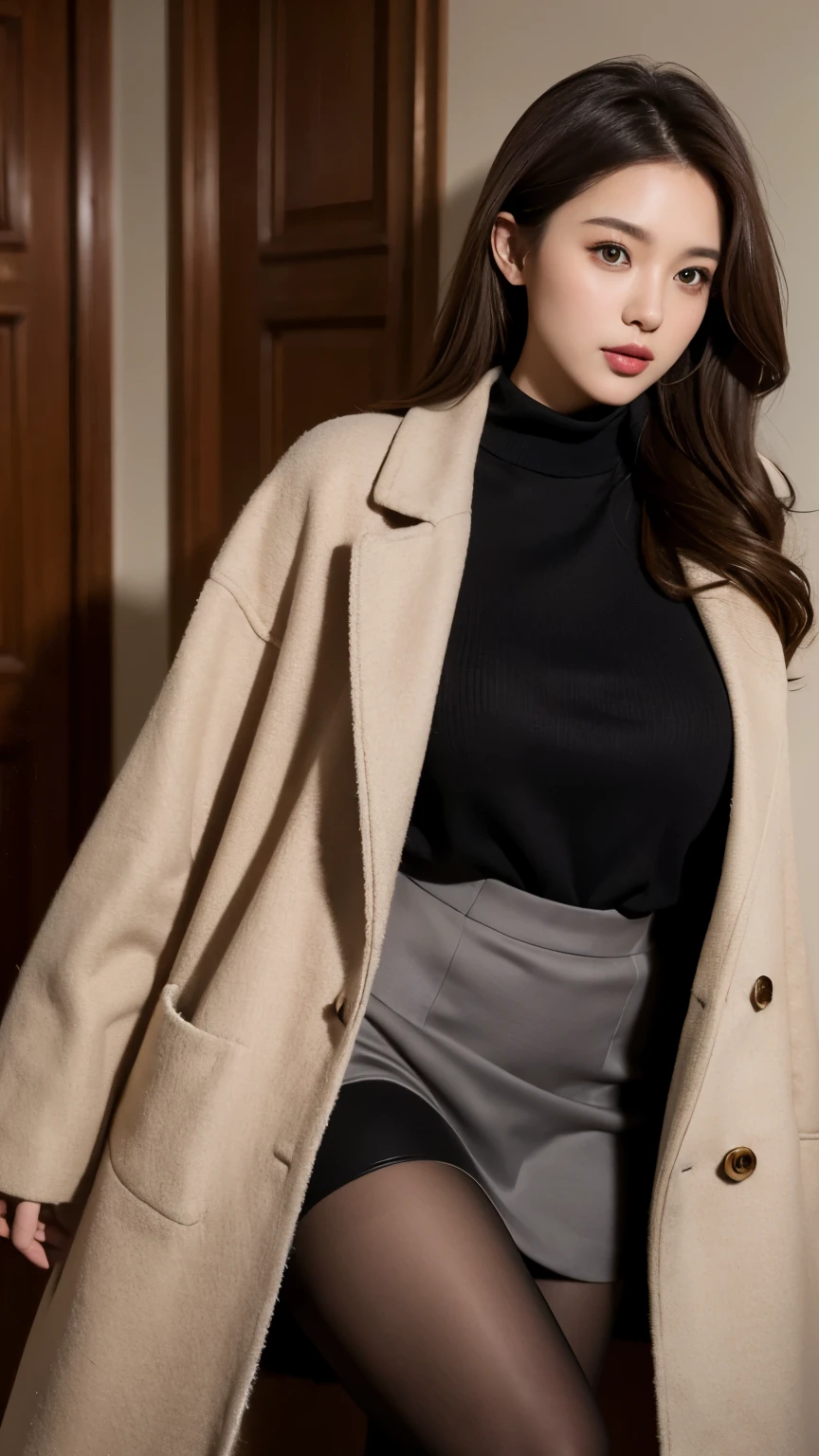 1girl,huge breast, brown hair, brown eyes,high quality, ultra detailed, masterpiece, realistic, black sweater, gray coat, pantyhose,