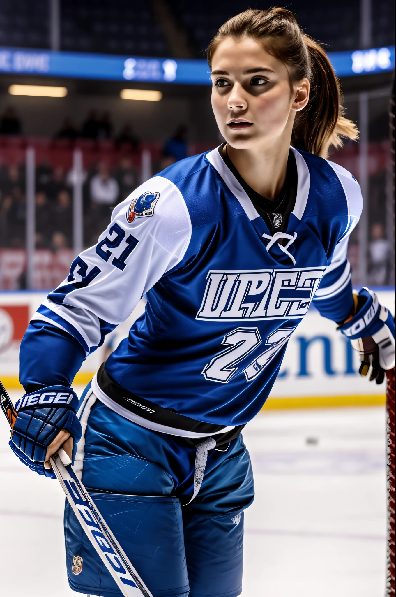 masterpiece, best quality, extremely detailed, hyperrealistic, photorealistic, a pretty woman, ice hockey player:1.2, ice hockey venue, dynamic pose, ultra detailed face:1.1