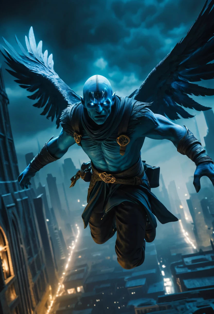 actual photo of raziel (flight:1.3) in dark city, dark fantasy style, ,high resolution, (detailed actual image:1), Crazy details, soft, hero, (expressive face, Detailed face:1), (actual:1), (photoactual, photo-actual:1), full color, (3d:1), (Very detailed:1.2), masterpiece, 8K Ultra HD,