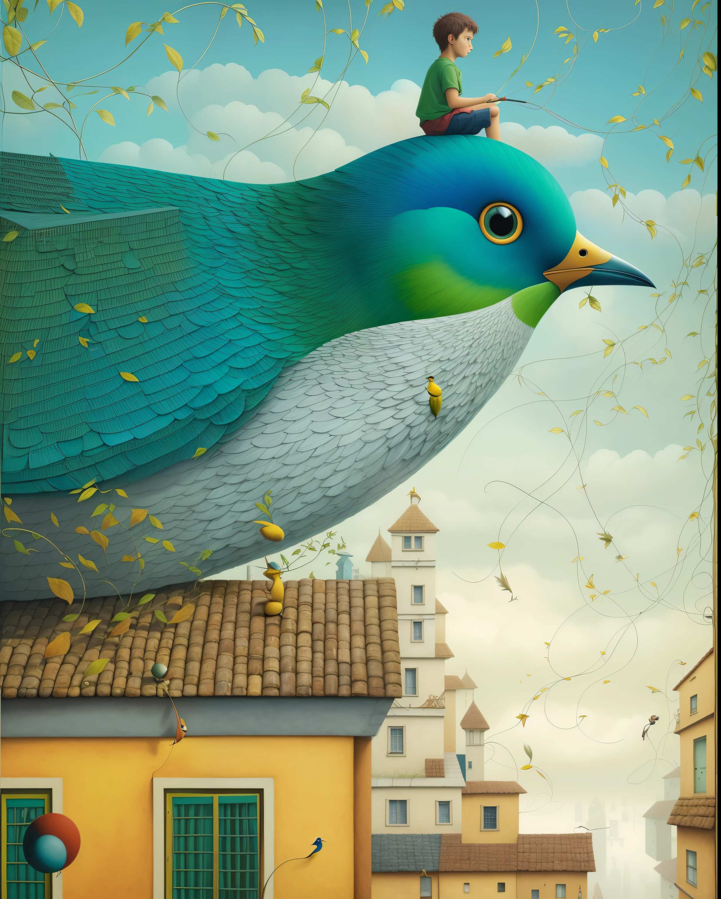 painting of a boy sitting on a bird on top of a building, magrita pura. detalhado, magrita pura. Hiperdetalhado, Jacek Yerka e Vladimir Kush, zdzislaw beksisnski, a surrealist bird, surrealist bird, Shaun Tan. hiperrealismo, Pranckevicius com mau funcionamento surreal
