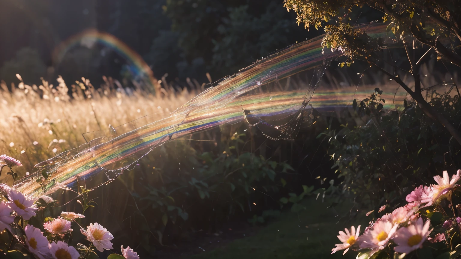 (best quality,4k,8k,highres,masterpiece:1.2),ultra-detailed,realistic, vibrant rainbow-colored spiderwebs in pairs,illustration, gleaming spider threads,delicate dew drops,sunlit garden landscape,rainbow hues,subtle reflection in the sunlight,meticulously crafted strands of spider silk,vivid colors,nature's intricate beauty,shimmering rainbow spiderwebs intertwining with flowers,breathtaking and surreal scenery, ethereal and dreamlike ambiance, stunning fusion of nature and art, enchanting visual masterpiece.