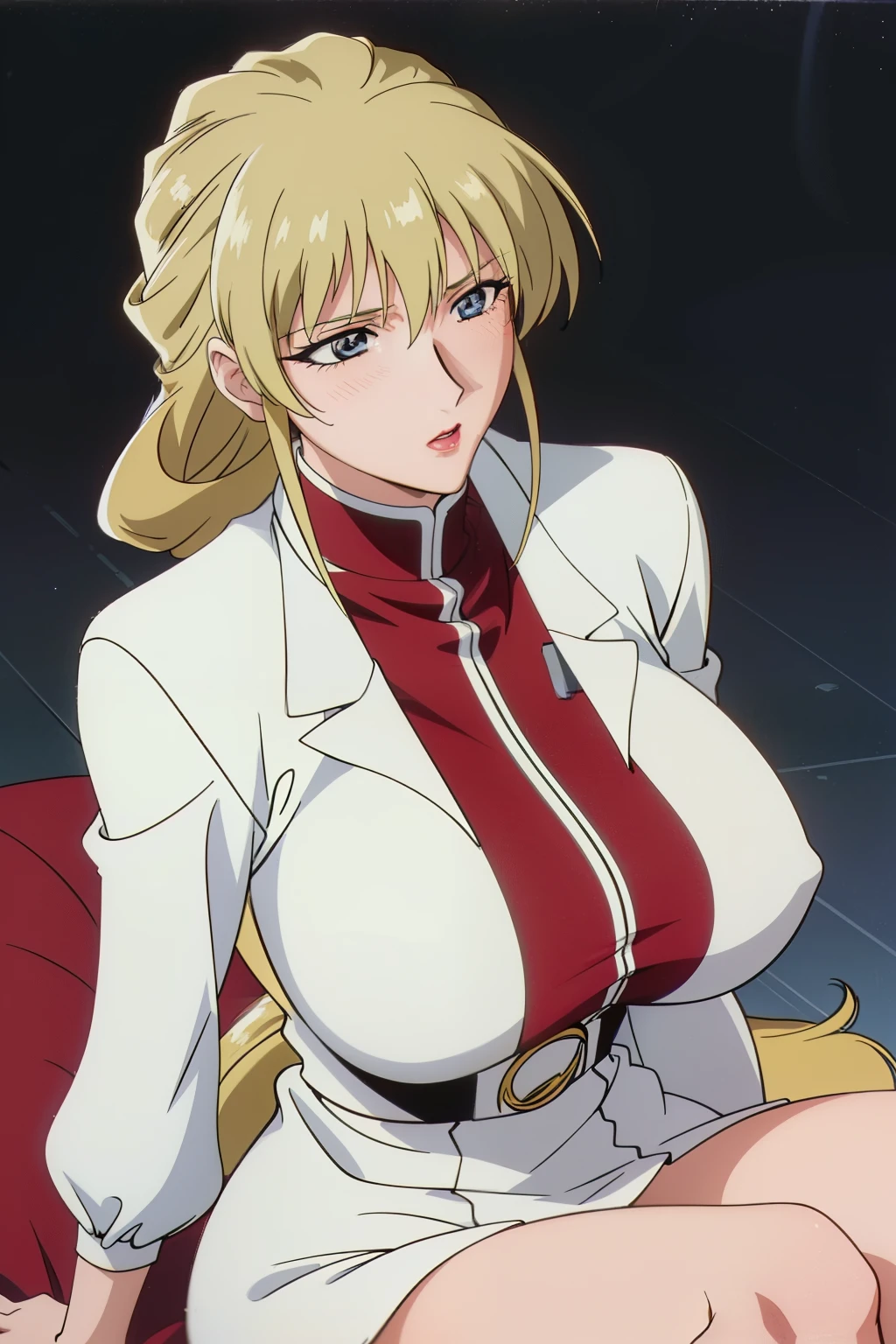 masterpiece, best quality, high resolution, 2D, anime cels, 8K,Official art, uniform, Inez Fressange, 1girl, (gigantic breasts:1.2), blonde hair, blush, embarrassed, from below, nsfw, sitting