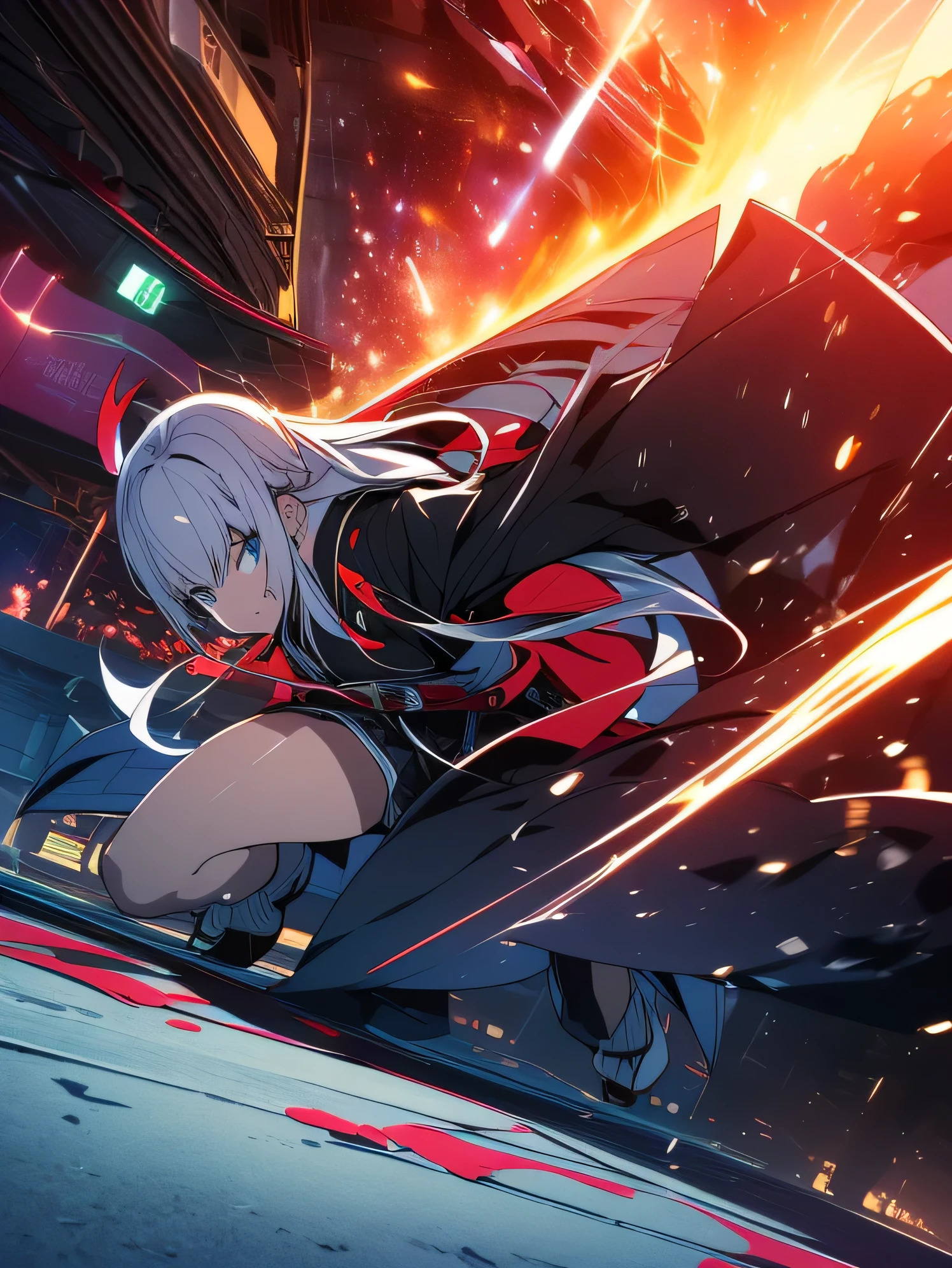 ((highest quality)), ((highest resolution)), ((masterpiece)), ((Super detailed)), 1 girl, white skin, silver hair, long hair, blue eyes, cool look, black and red (8:2) hoodie, gray roll-up shorts and belt, Black pants stockings, black short boots, low stance, Fight, Japan held up a sword, Japanese sword swinging down towards the demon, blood splatter, midnight, city, city, bevel, tense, action, full length, dynamic angle Japanese sword swinging and slashing at demon, blood splatter, midnight, city, urban, bevel, tension, action, full length, dynamic angle,anime taste,red effect, intense sparks flying.