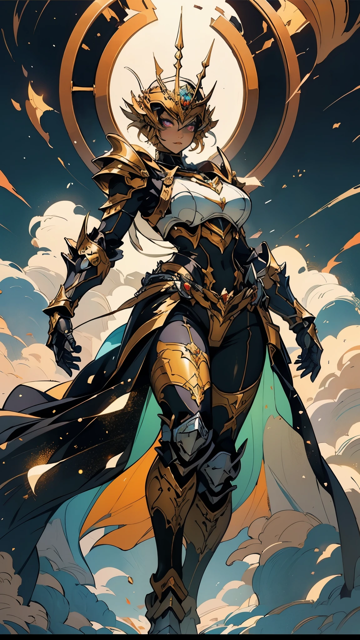 A woman adorned in fantasy-style full-body armor, a crown-concept fully enclosed helmet that unveils only her eyes, a composite layered chest plate, fully encompassing shoulder and hand guards, a lightweight waist armor, form-fitting shin guards, the overall design is heavy-duty yet flexible, (the armor gleams with a golden glow, complemented by red and blue accents), exhibiting a noble aura, she floats above a fantasy-surreal high-tech city, this character embodies a finely crafted fantasy-surreal style armored hero in anime style, exquisite and mature manga art style, (mixture of Queen bee and Spider concept Armor, plasma), ((Element, elegant, goddess, femminine:1.5)), metallic, high definition, best quality, highres, ultra-detailed, ultra-fine painting, extremely delicate, professional, anatomically correct, symmetrical face, extremely detailed eyes and face, high quality eyes, creativity, RAW photo, UHD, 32k, Natural light, cinematic lighting, masterpiece-anatomy-perfect, masterpiece:1.5