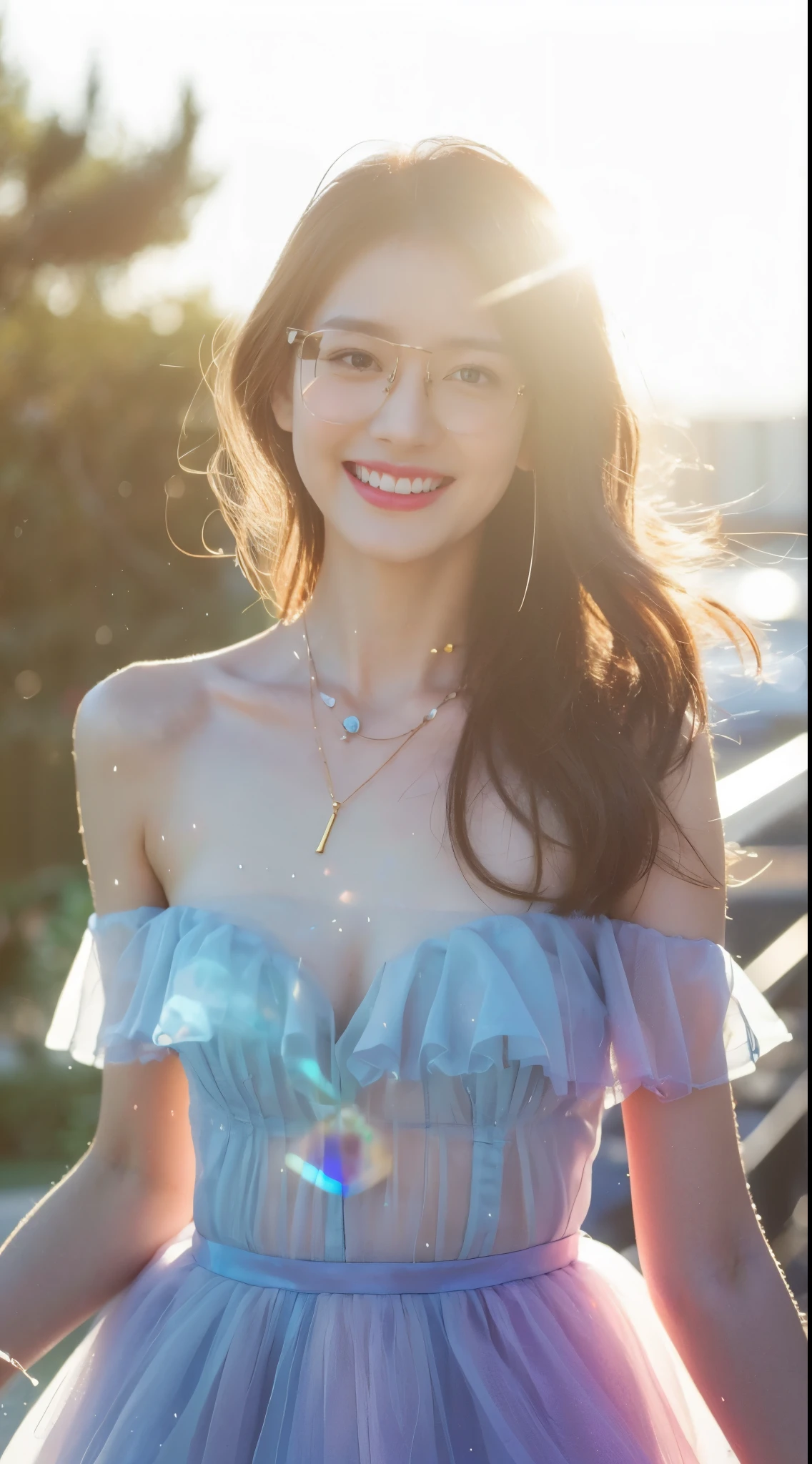 ((​Masterpiece, Top image quality, high resolution、alone、skin shiny))(on the table, best quality, actual, super detailed, meticulous, high resolution, 8k wallpaper), Close-up portrait of a beautiful woman, like, smiling, light brown messy hair, Perfect dynamic composition, 美丽meticulous的眼睛, Just like the cover of a fashion magazine, on campus，wearing gold glasses