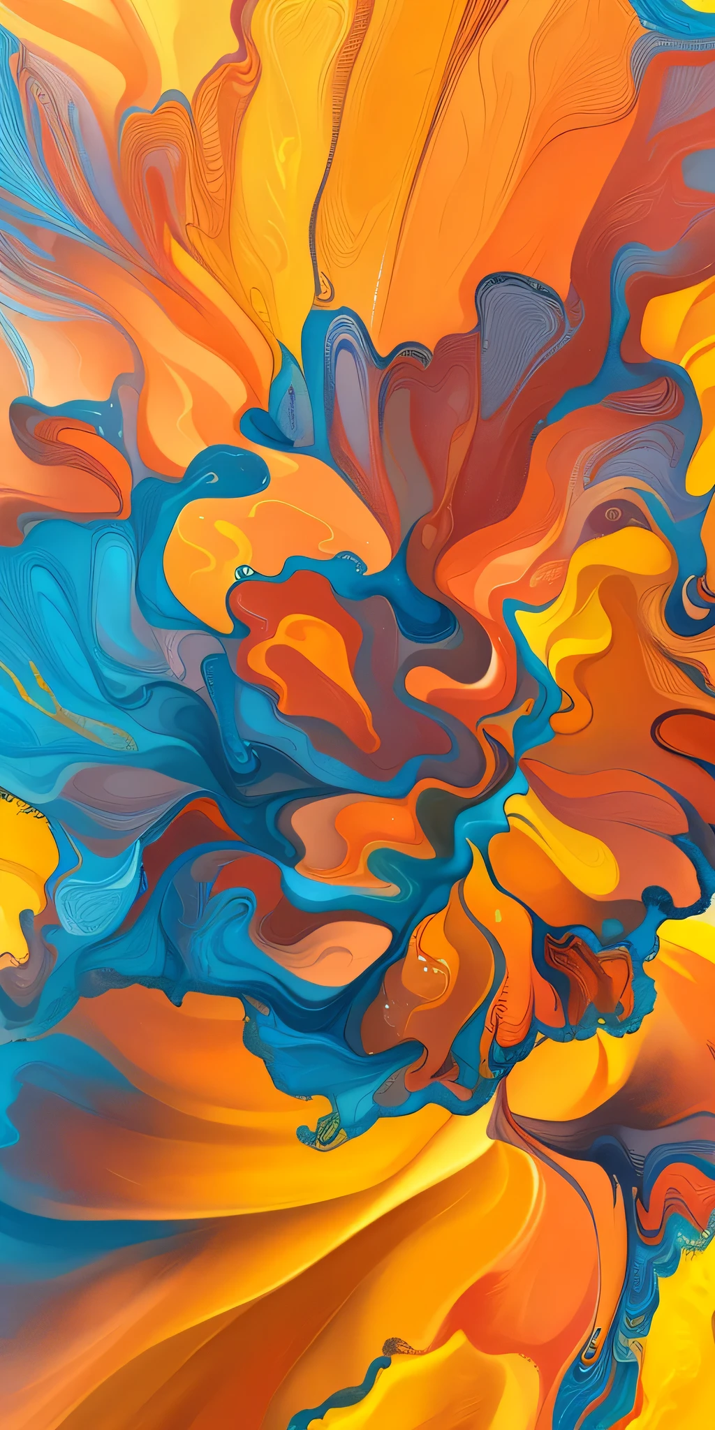 a close up of a colorful flower with a yellow background, intricate flowing paint, vibrant colors hyper realism, orange and blue colors, inspired by Alberto Seveso, exuberant organic elegant forms, organic acrylic flow art, orange fire/blue ice duality!, strong blue and orange colors, vibrant digital painting, vibrant painting, abstract liquid acrylic art, blue and orange